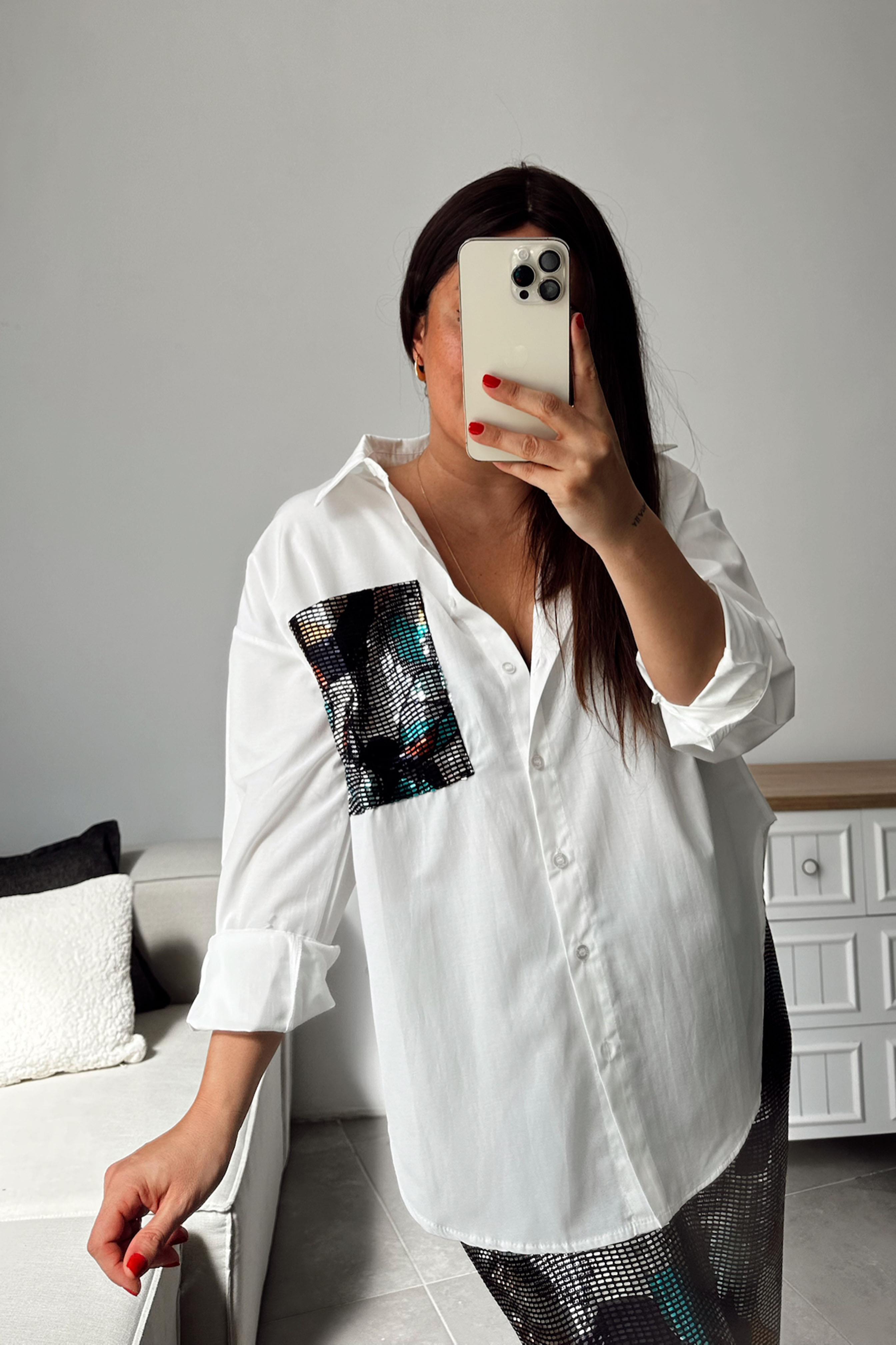 Parıltı Cep Detaylı Gömlek Beyaz