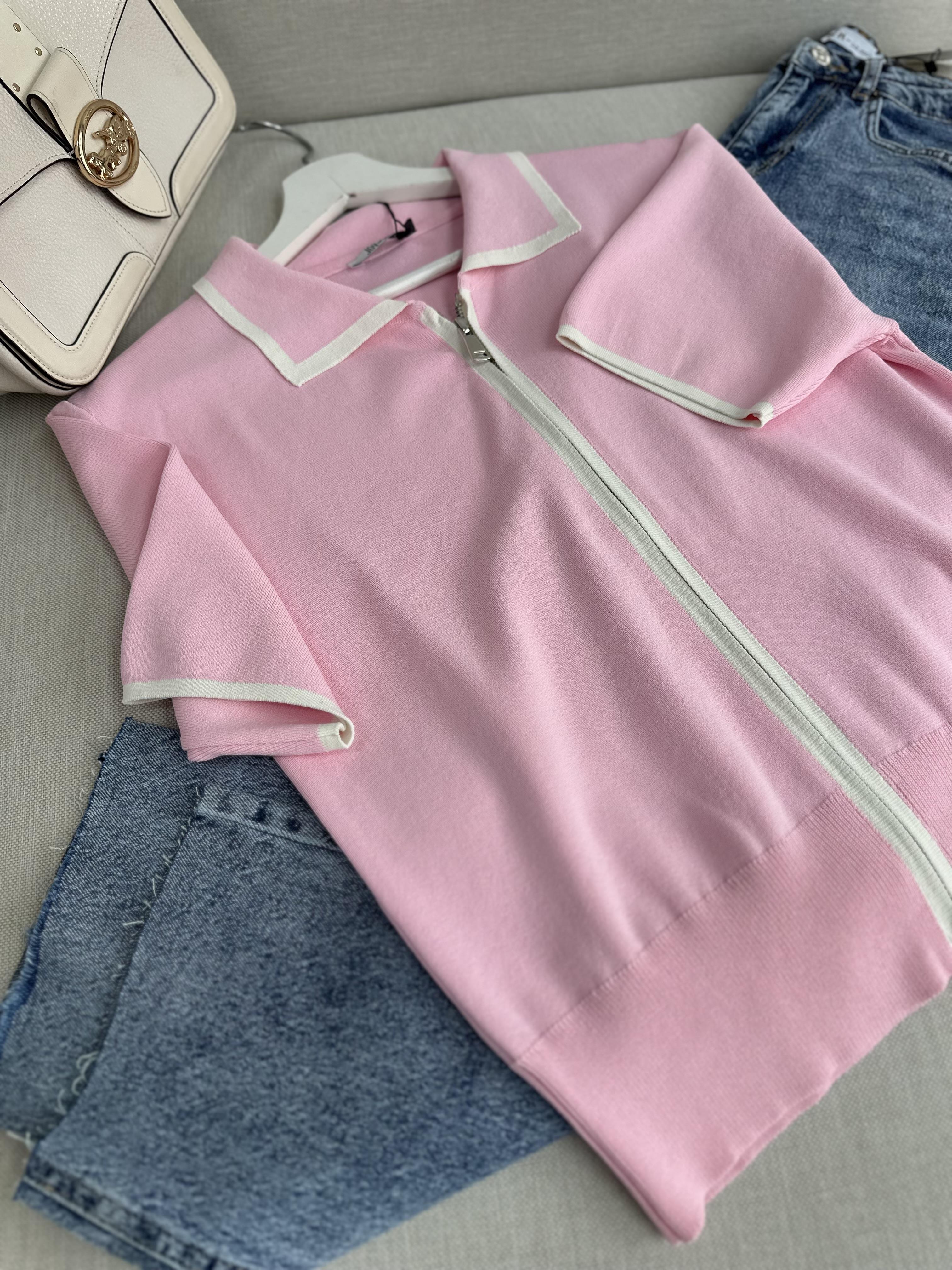 Pembe Biye Geçişli Çift Fermuarlı Tok Merserize Hırka