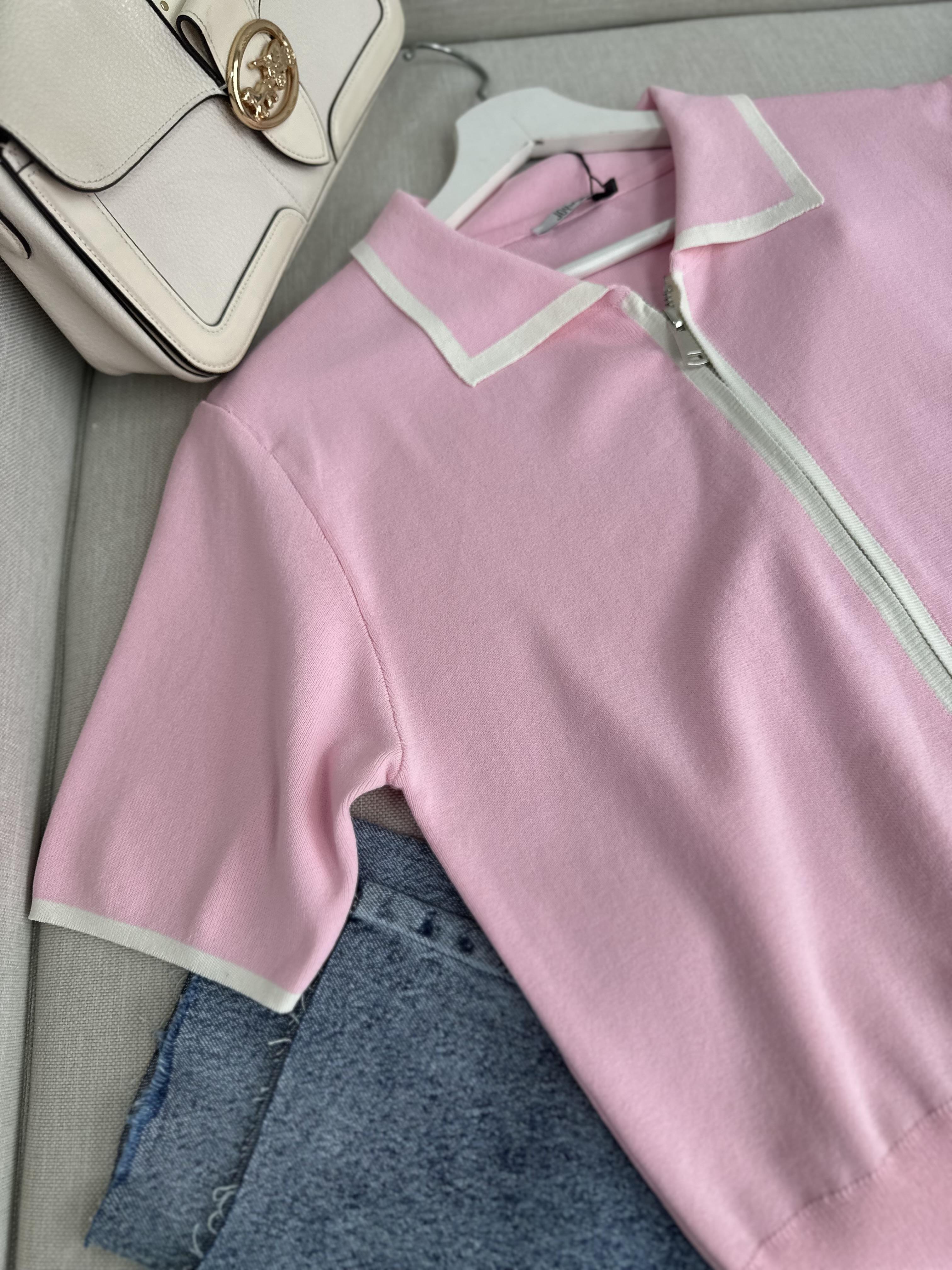 Pembe Biye Geçişli Çift Fermuarlı Tok Merserize Hırka