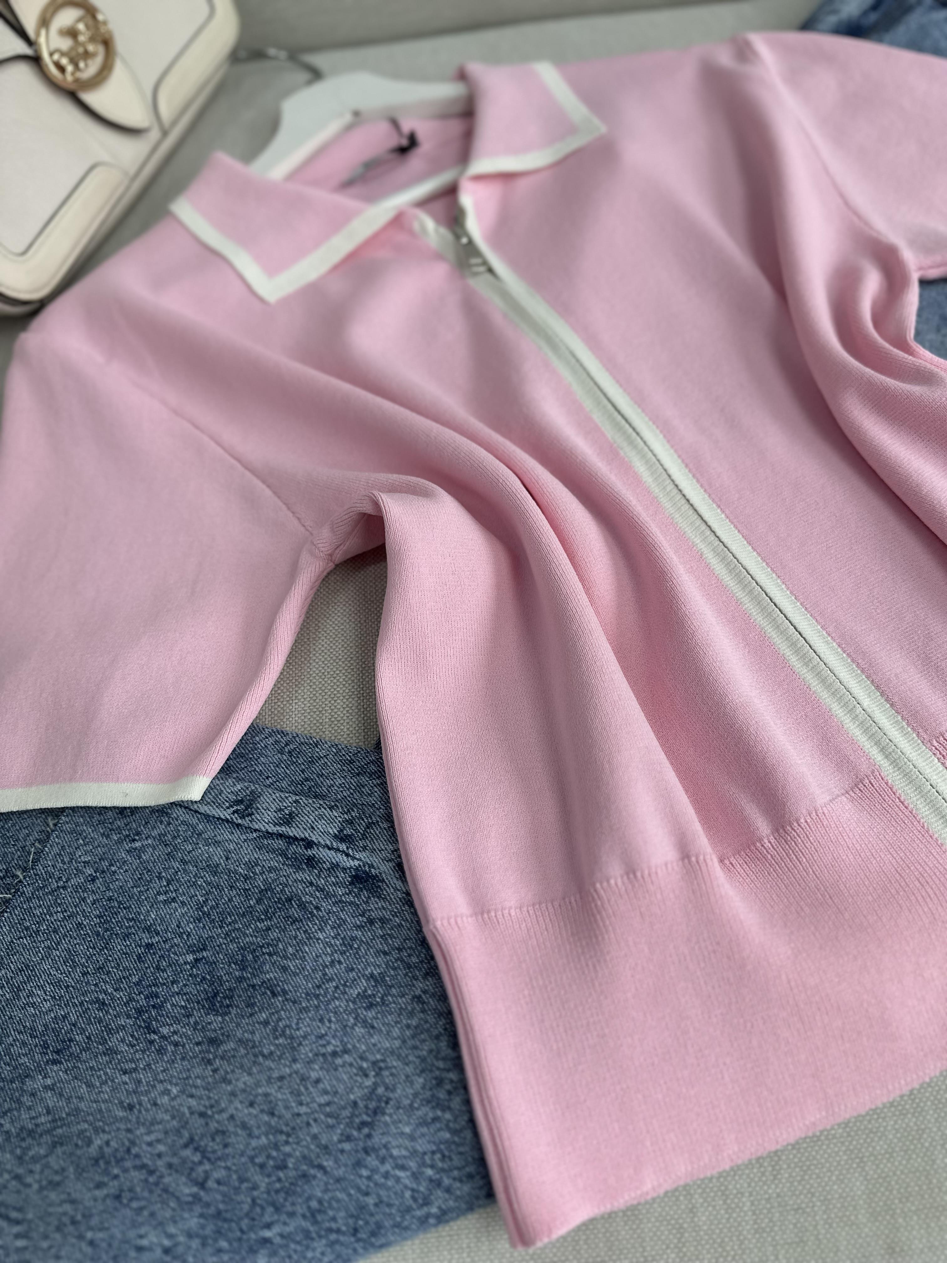 Pembe Biye Geçişli Çift Fermuarlı Tok Merserize Hırka