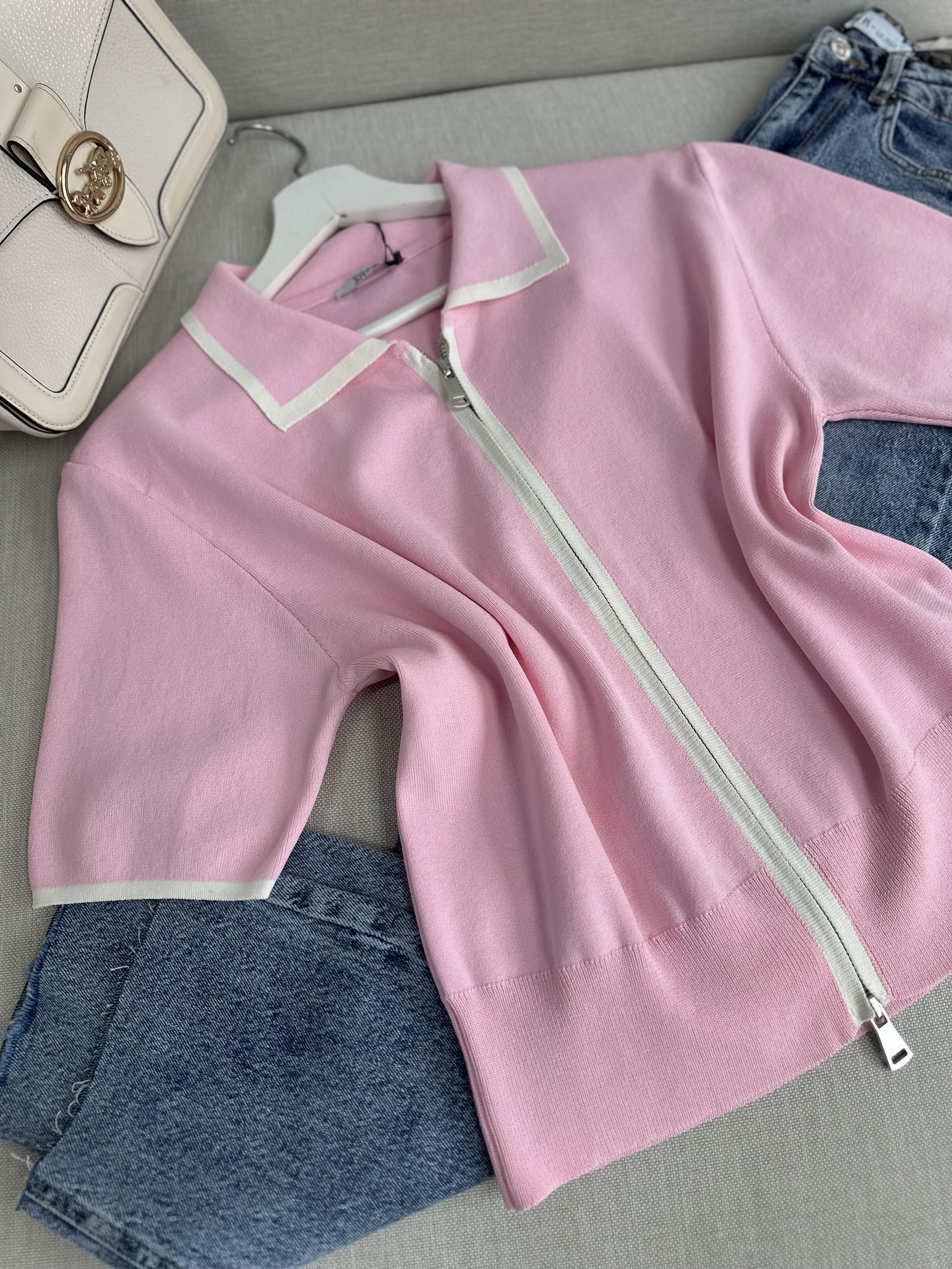 Pembe Biye Geçişli Çift Fermuarlı Tok Merserize Hırka