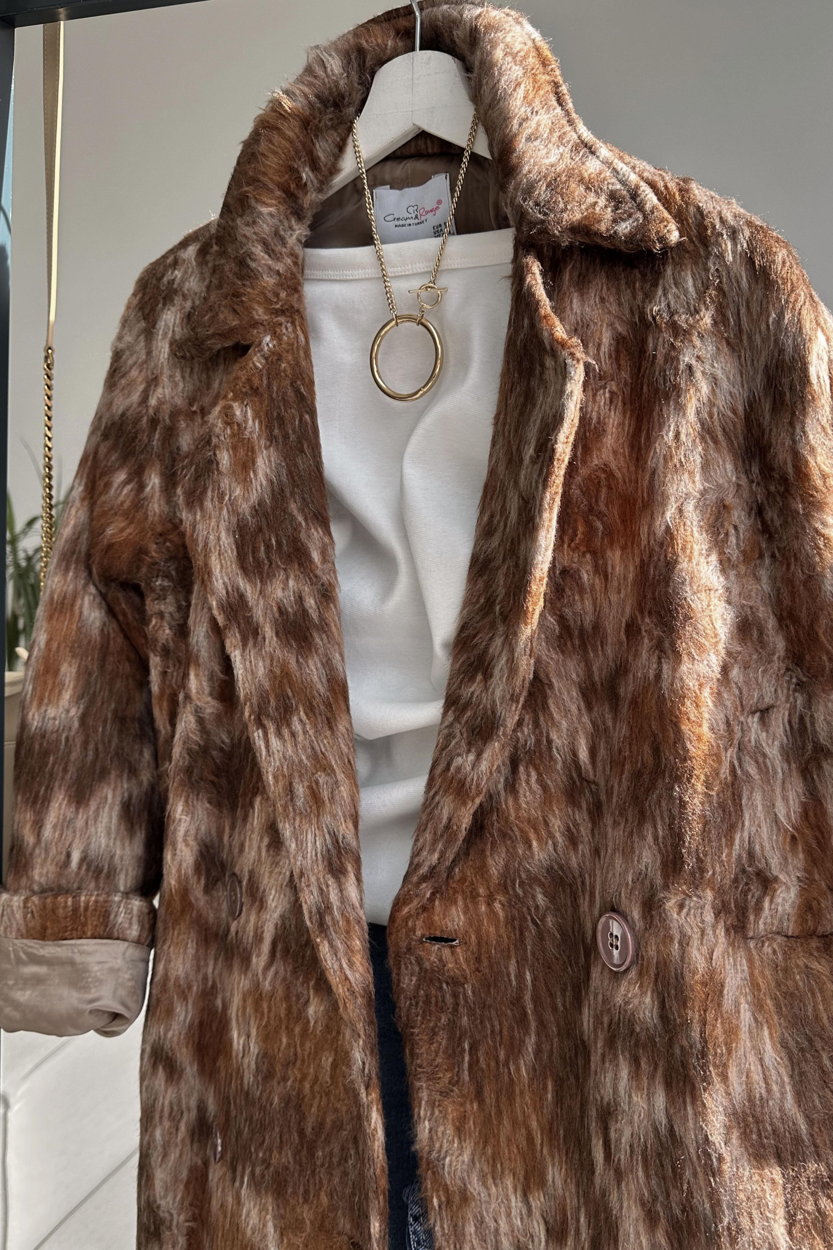 Premium Kalite Alaca Desenli Saten Astarlı Kaban Kahverengi