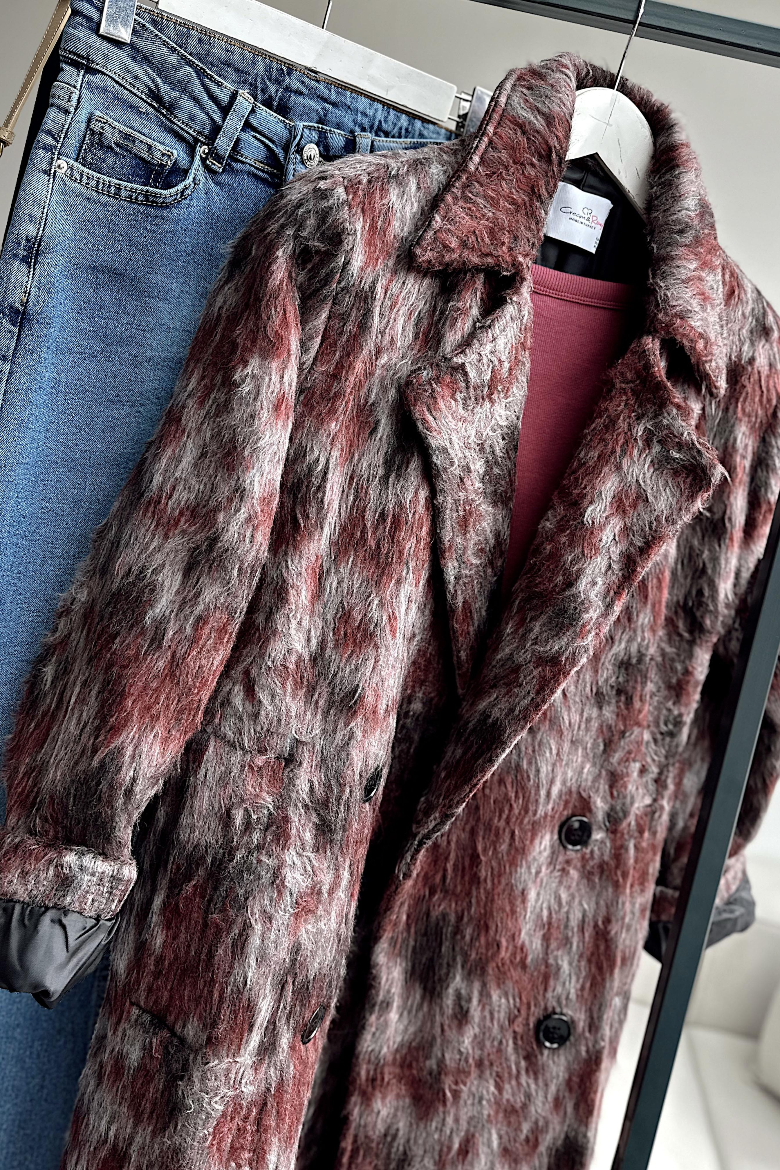 Premium Kalite Alaca Desenli Saten Astarlı Kaban Bordo