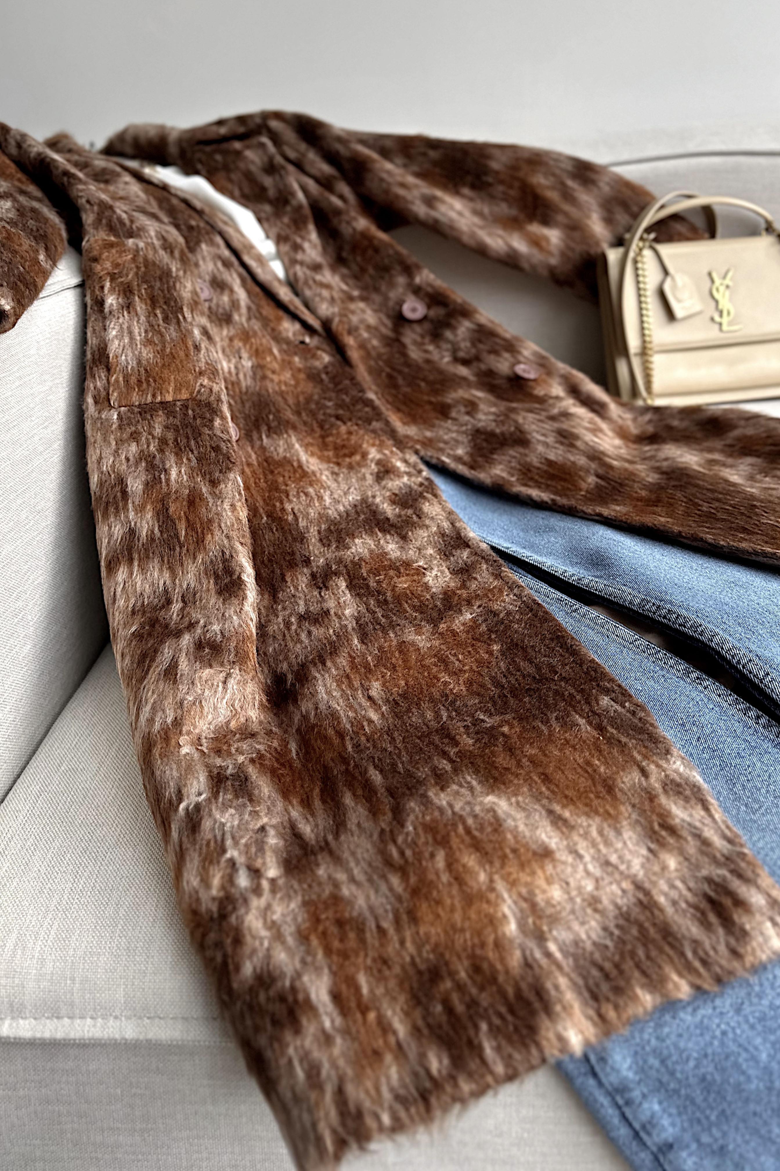 Premium Kalite Alaca Desenli Saten Astarlı Kaban Kahverengi