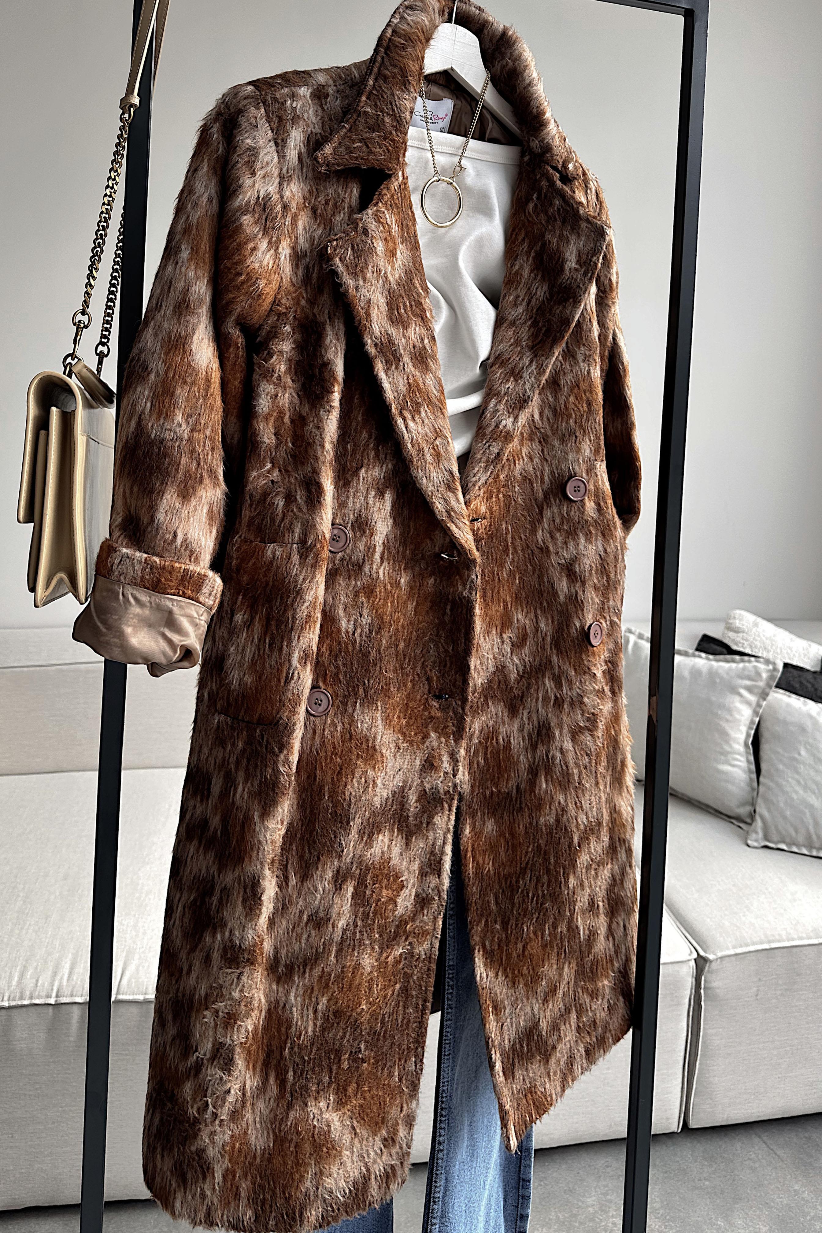 Premium Kalite Alaca Desenli Saten Astarlı Kaban Kahverengi