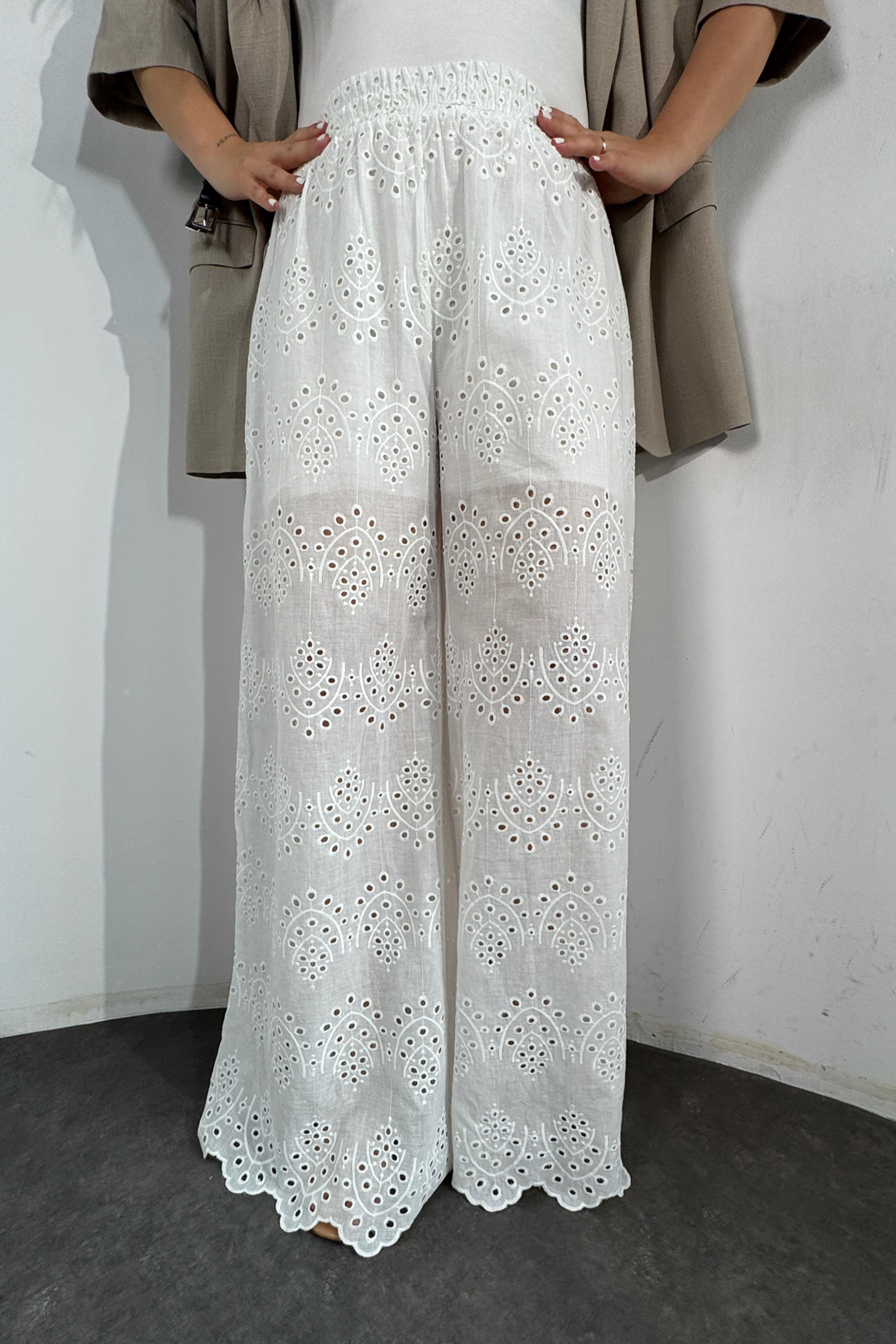 Premium Kalite Astar Detaylı Fisto Palazzo Pantolon Beyaz