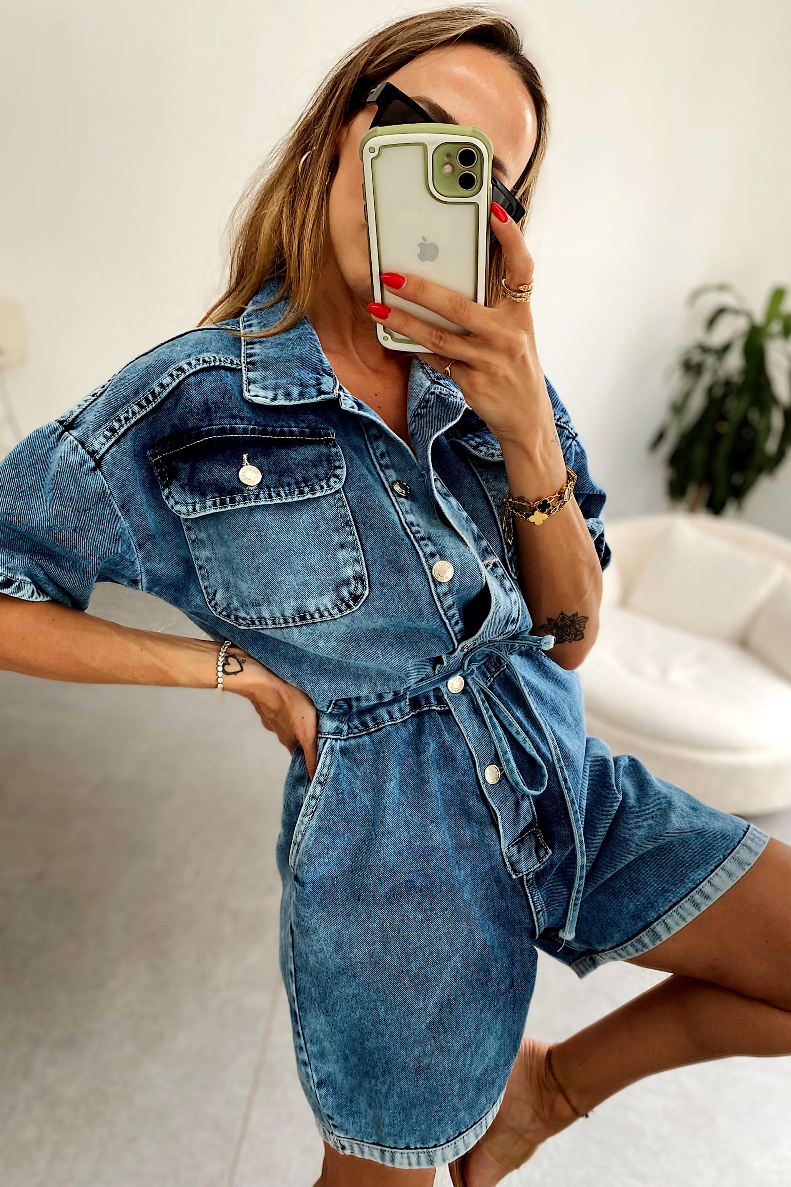 Premium Kalite Beli Bağlama Detaylı Denim Şort Tulum Mavi