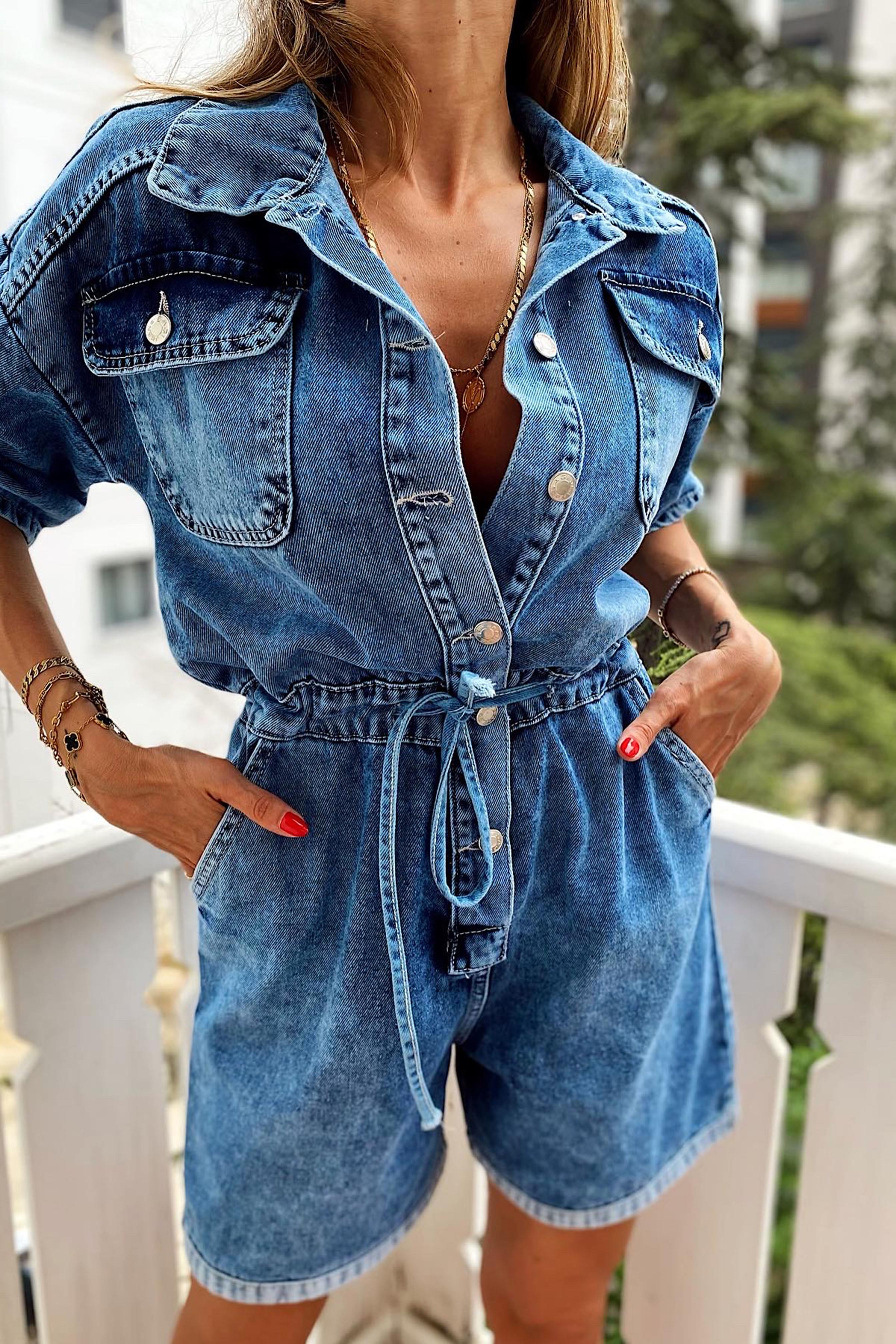 Premium Kalite Beli Bağlama Detaylı Denim Şort Tulum Mavi