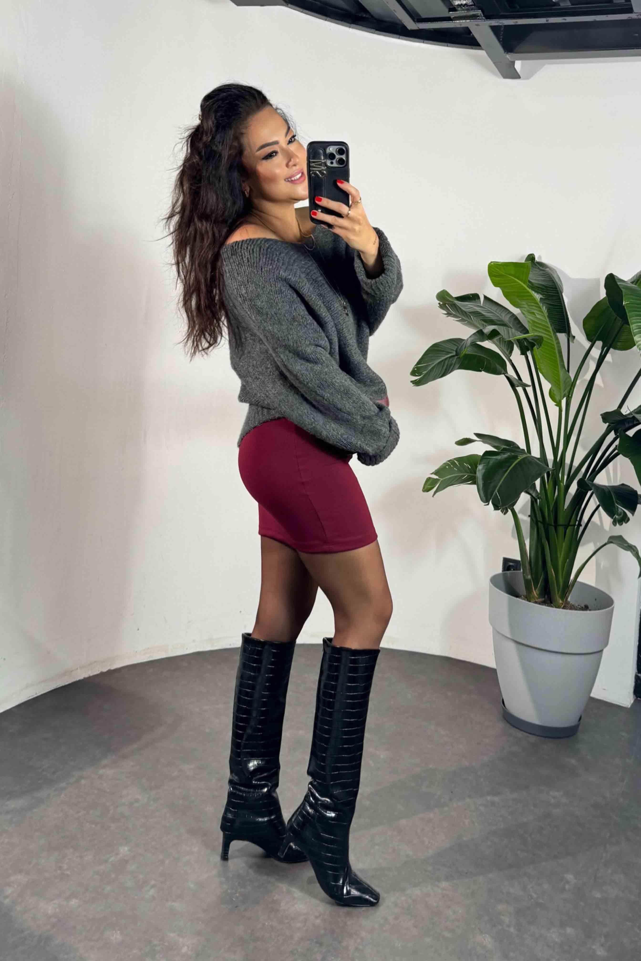 Premium Kalite Çelik Örme Mini Etek Bordo