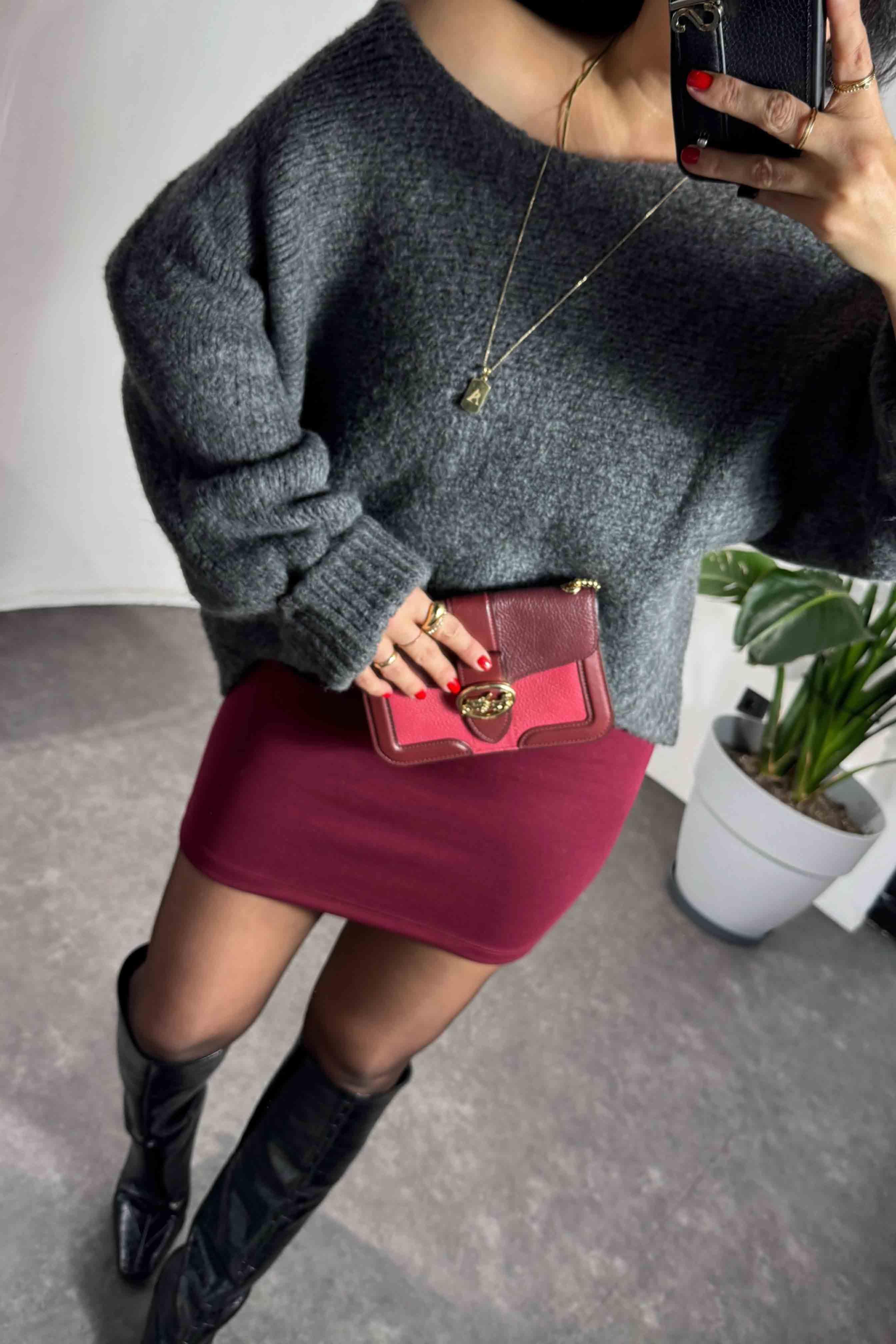 Premium Kalite Çelik Örme Mini Etek Bordo