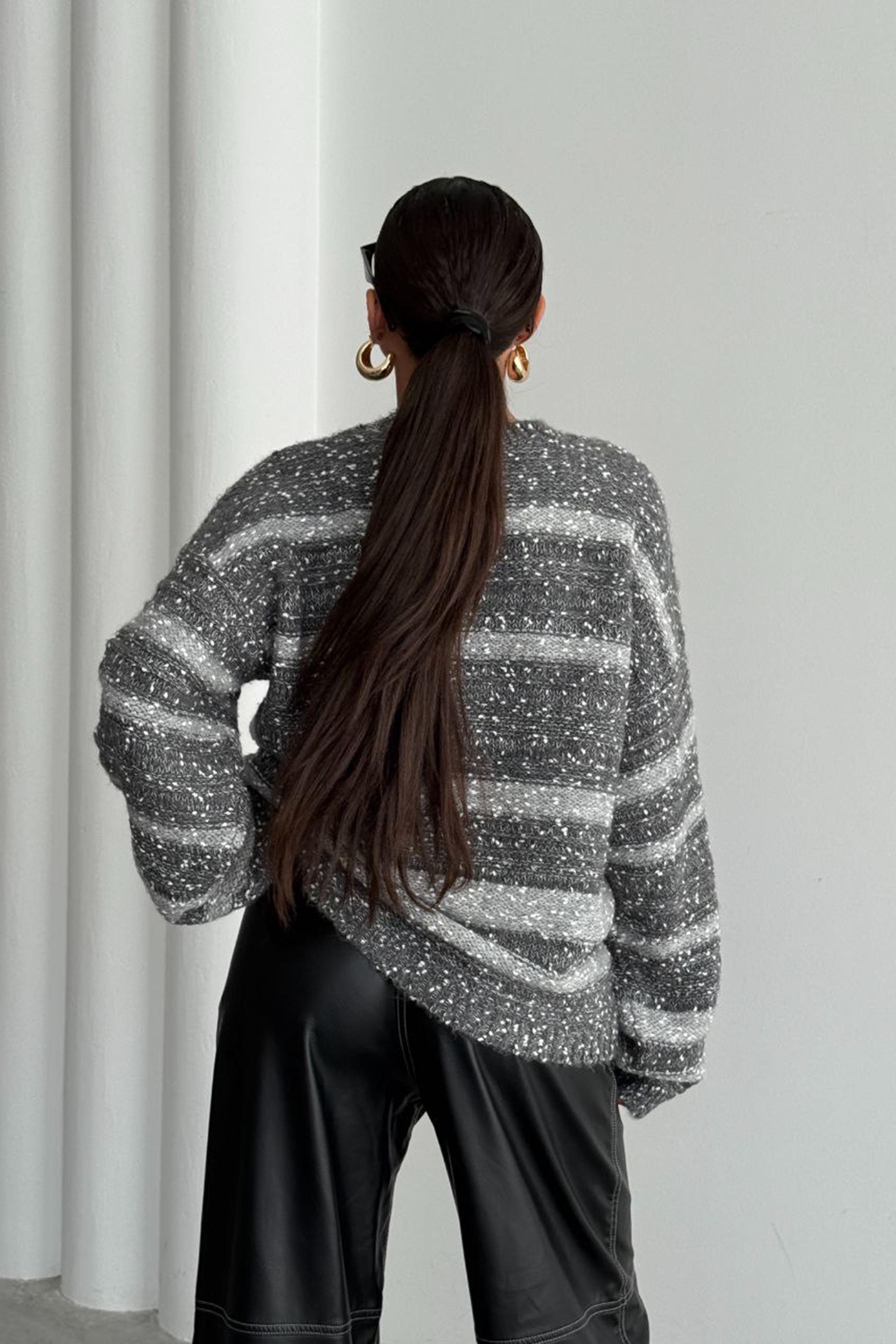 Premium Kalite Çizgili Oversize Triko Kazak Antrasit