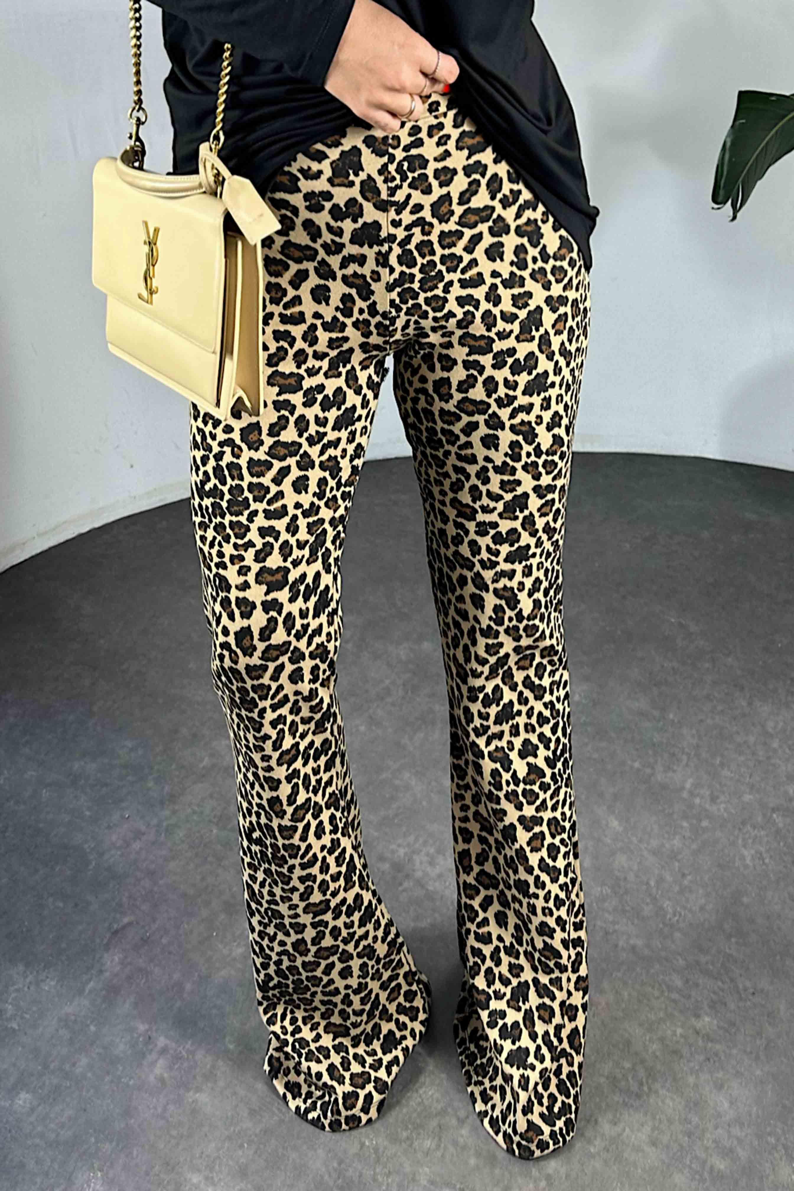 Premium Kalite Full Likralı Leopar Desen İspanyol Kadın Pantolon Vizon