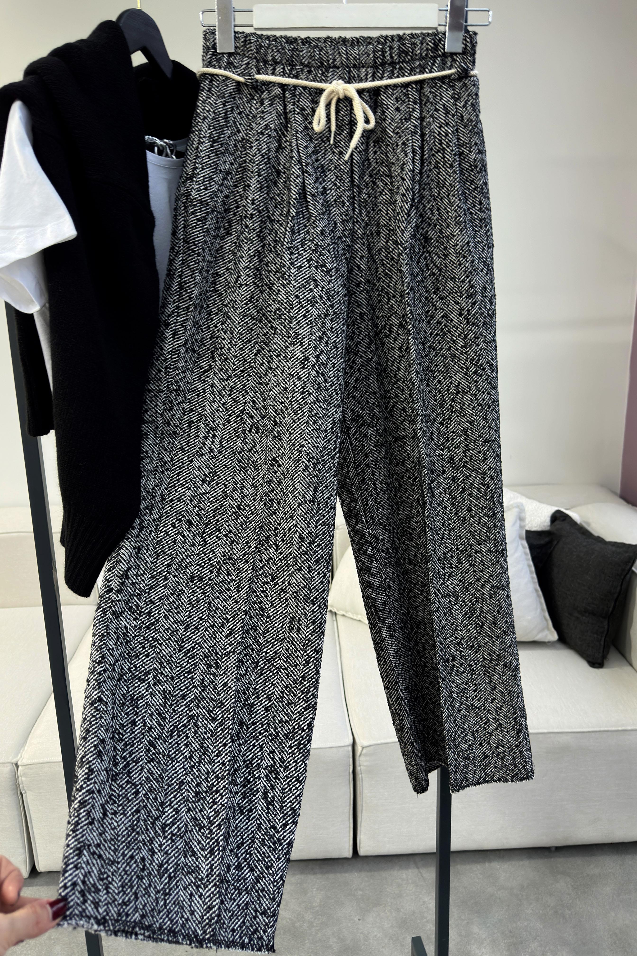 Premium Kalite İp Bağlamalı Kaşe Çımalı Pantolon Gri