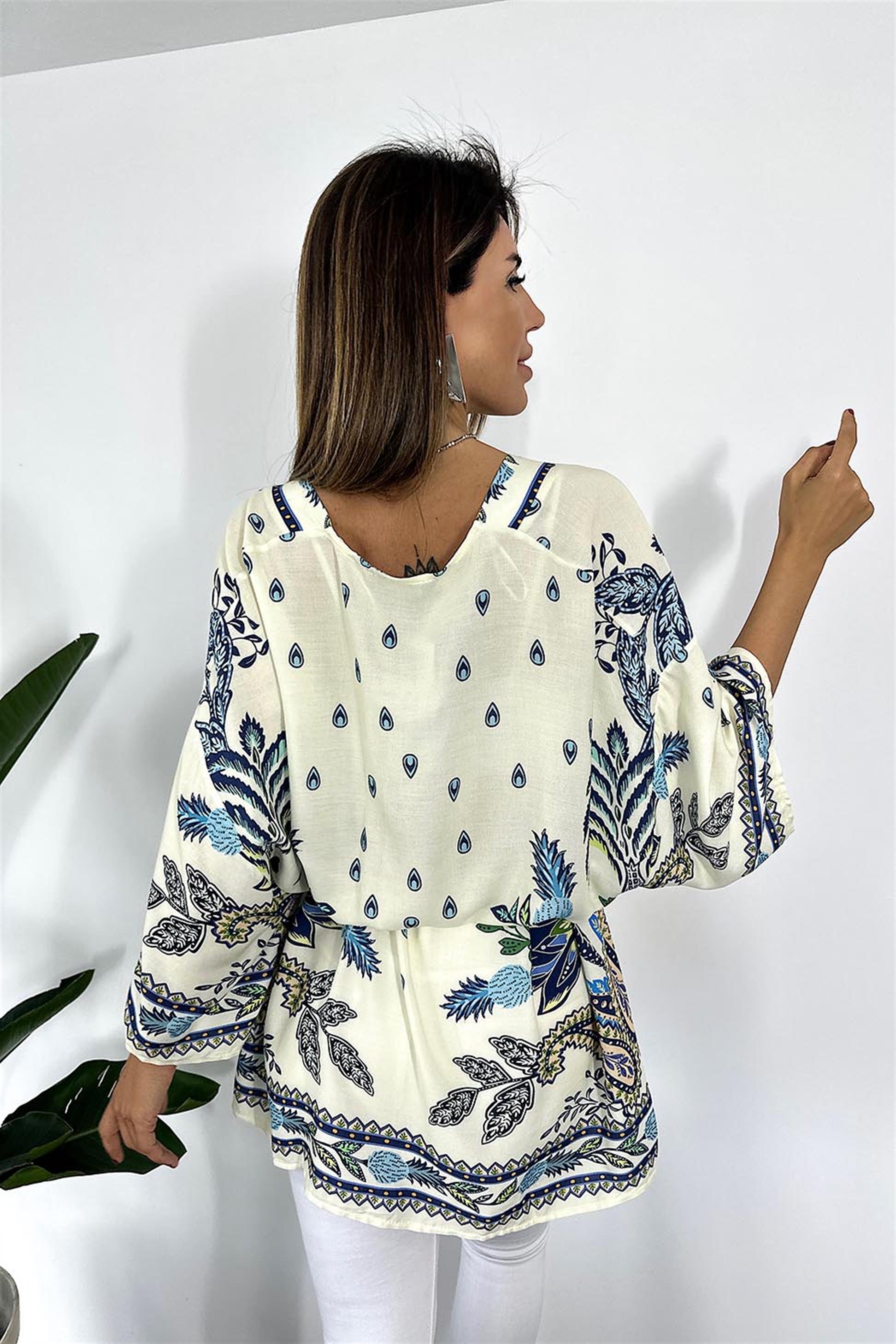 Premium Kalite Pamuklu Penye Şal Desenli Kuşaklı Kimono Mavi