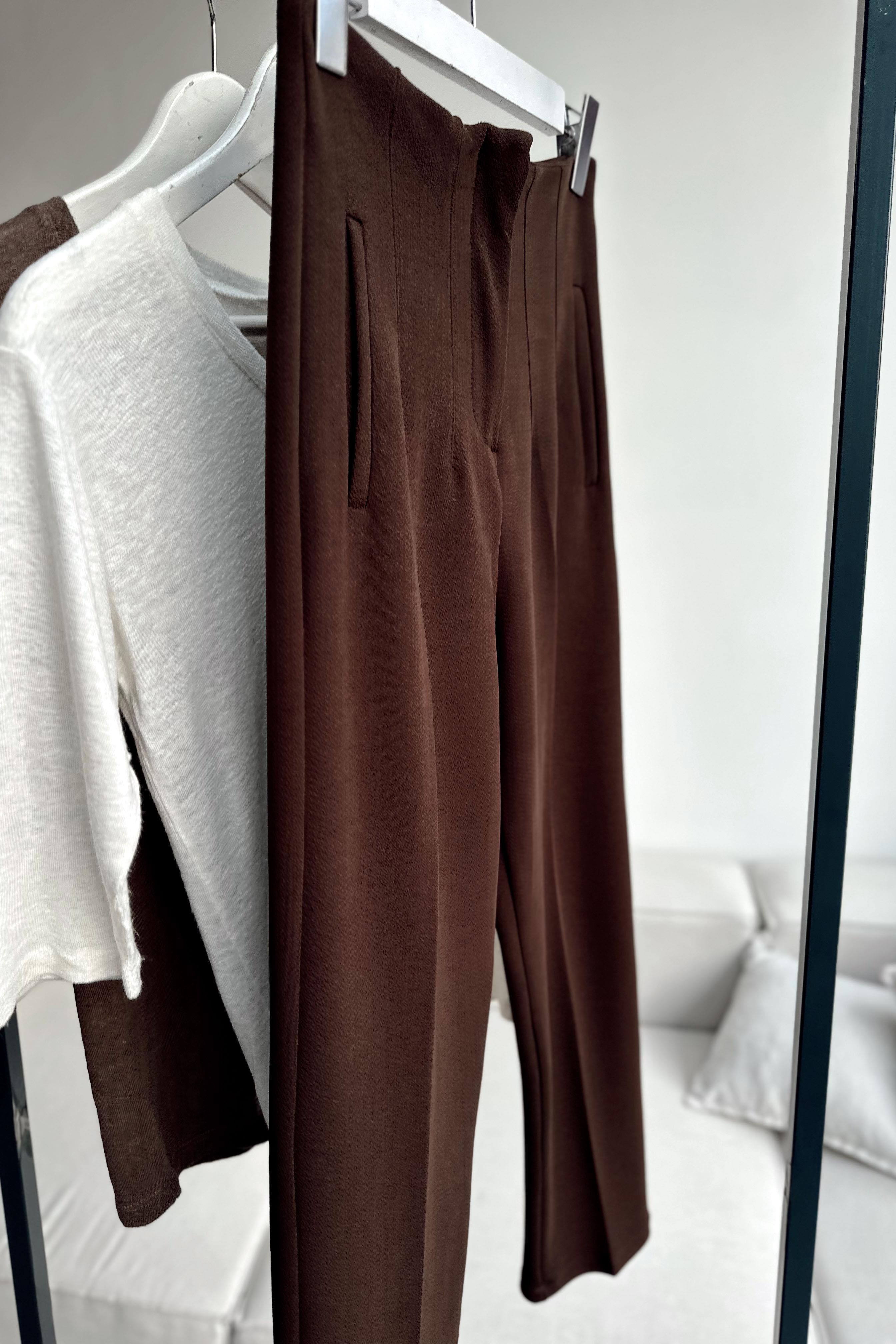 Premium Kalite Pens Detaylı Likralı Krep Kumaş Pantolon Acı Kahve