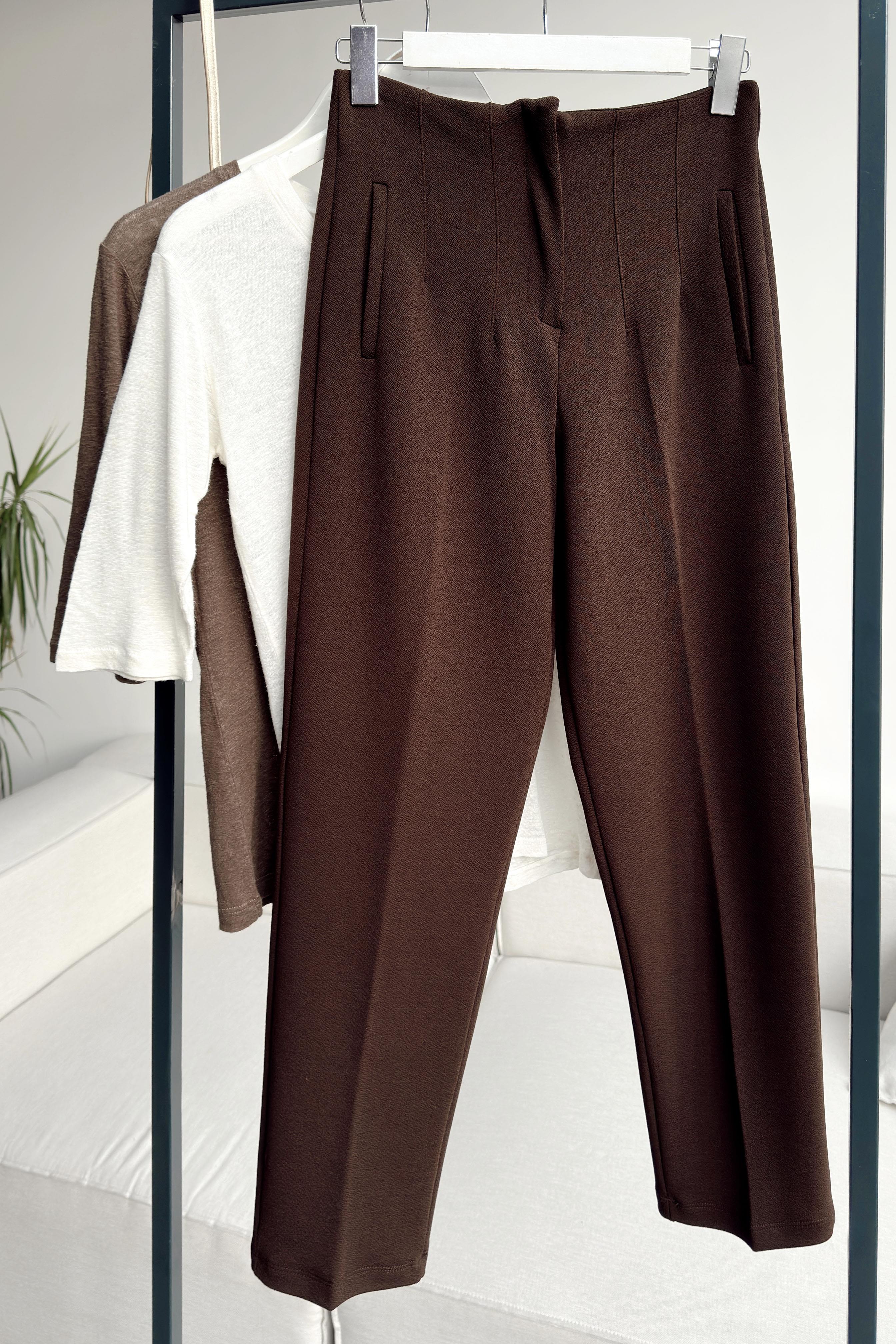 Premium Kalite Pens Detaylı Likralı Krep Kumaş Pantolon Acı Kahve