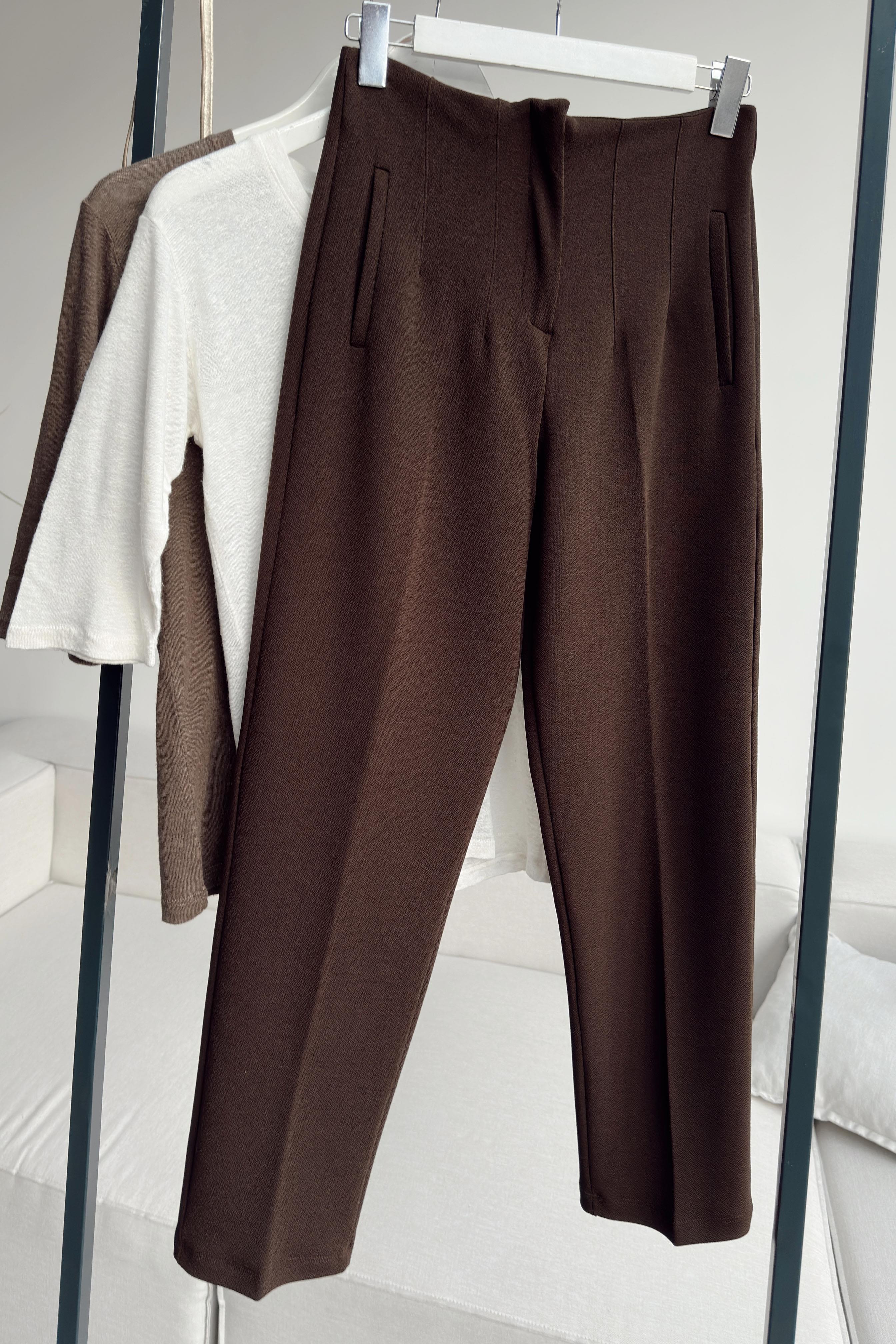 Premium Kalite Pens Detaylı Likralı Krep Kumaş Pantolon Acı Kahve