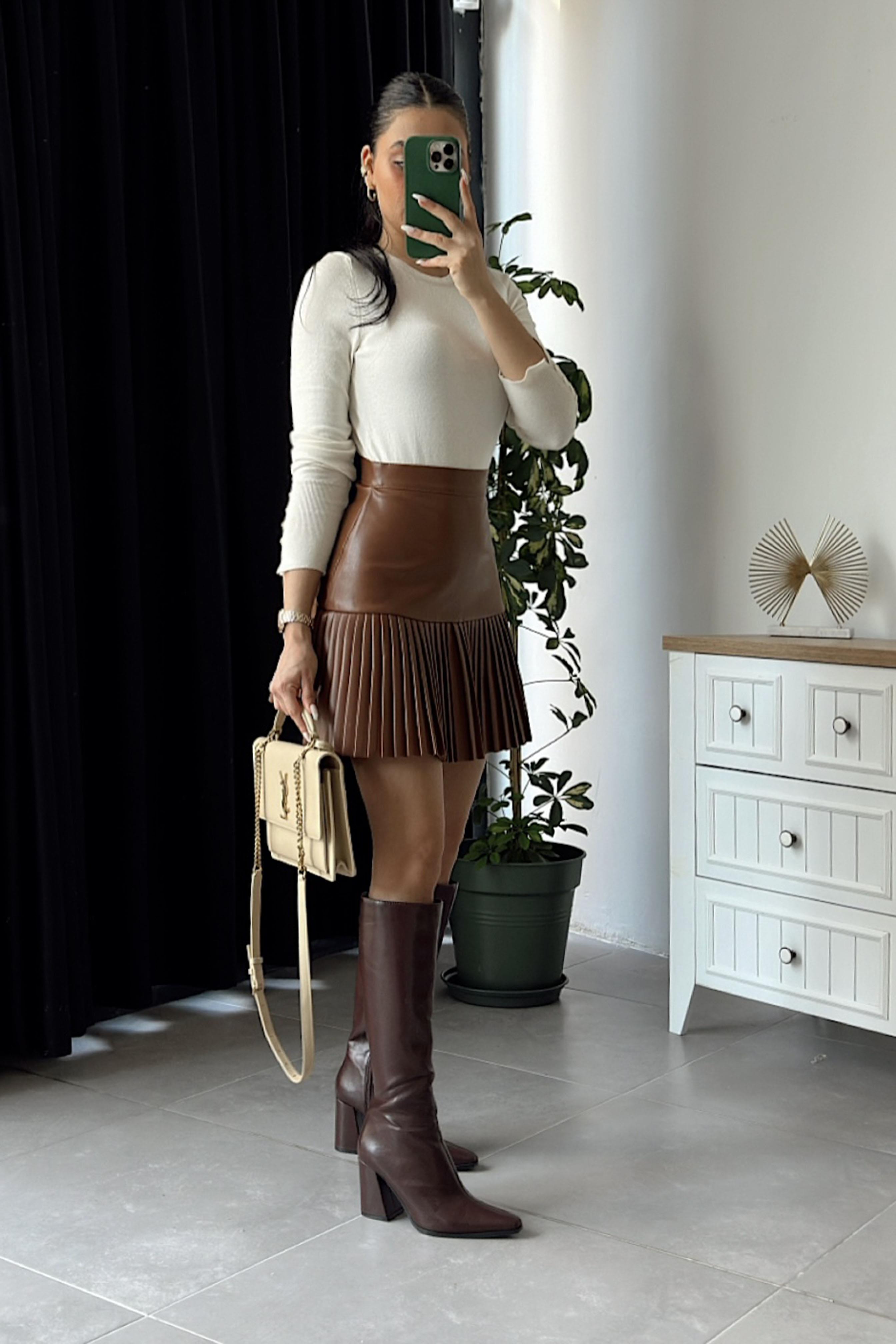 Premium Kalite Pliseli Deri Etek Taba