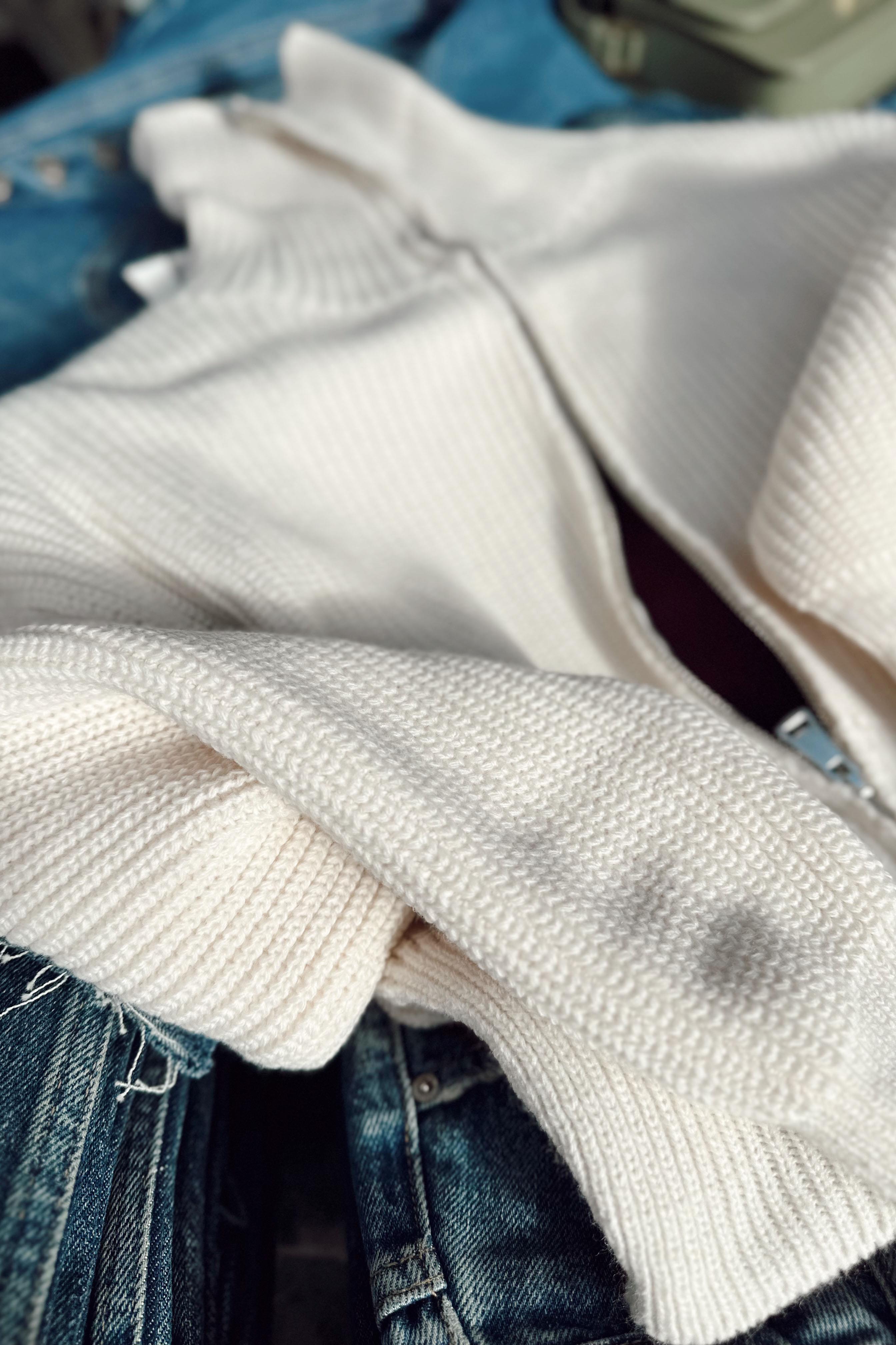 Premium Kalite Selanik Örme Fermuarlı Hırka Ekru