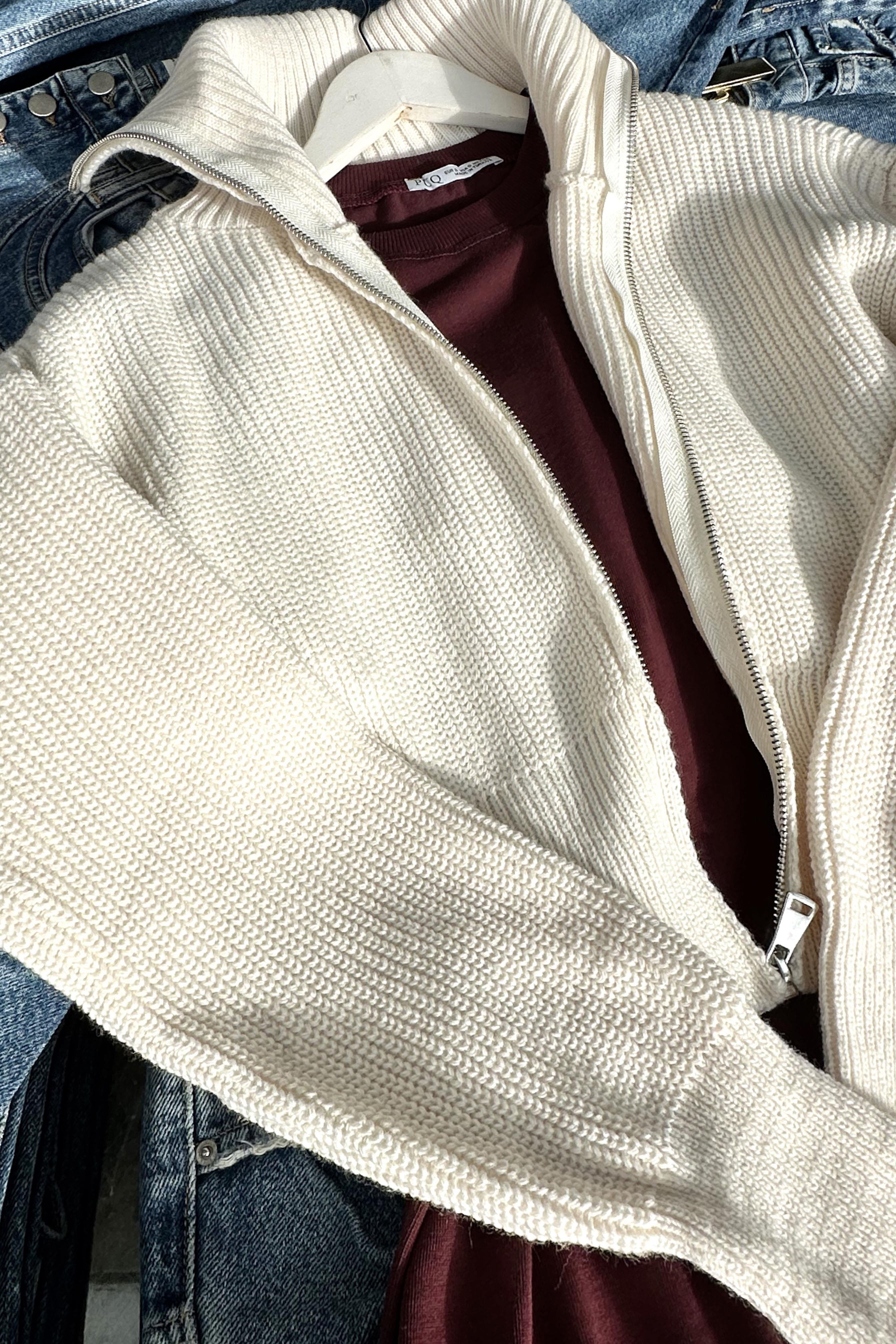 Premium Kalite Selanik Örme Fermuarlı Hırka Ekru