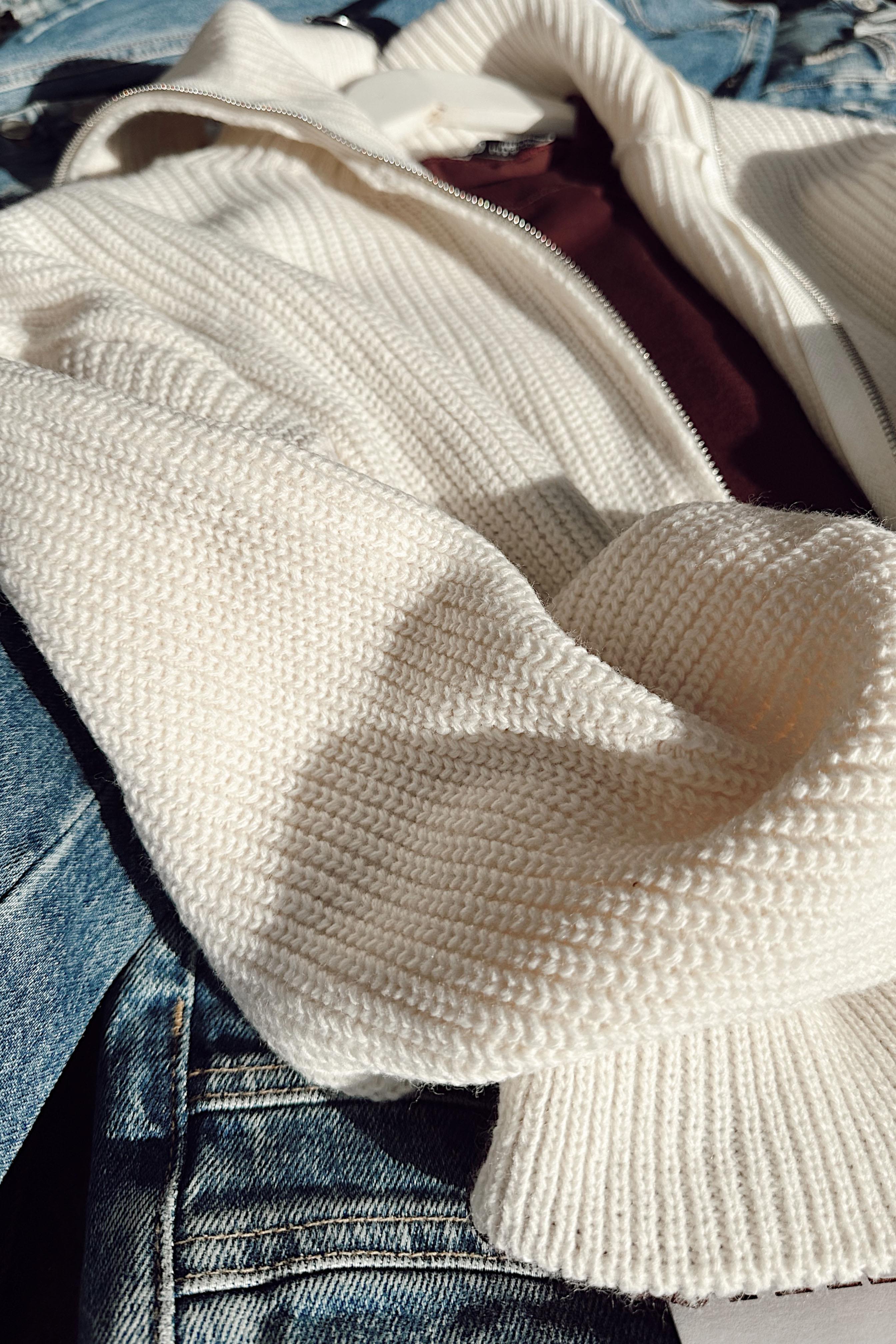 Premium Kalite Selanik Örme Fermuarlı Hırka Ekru