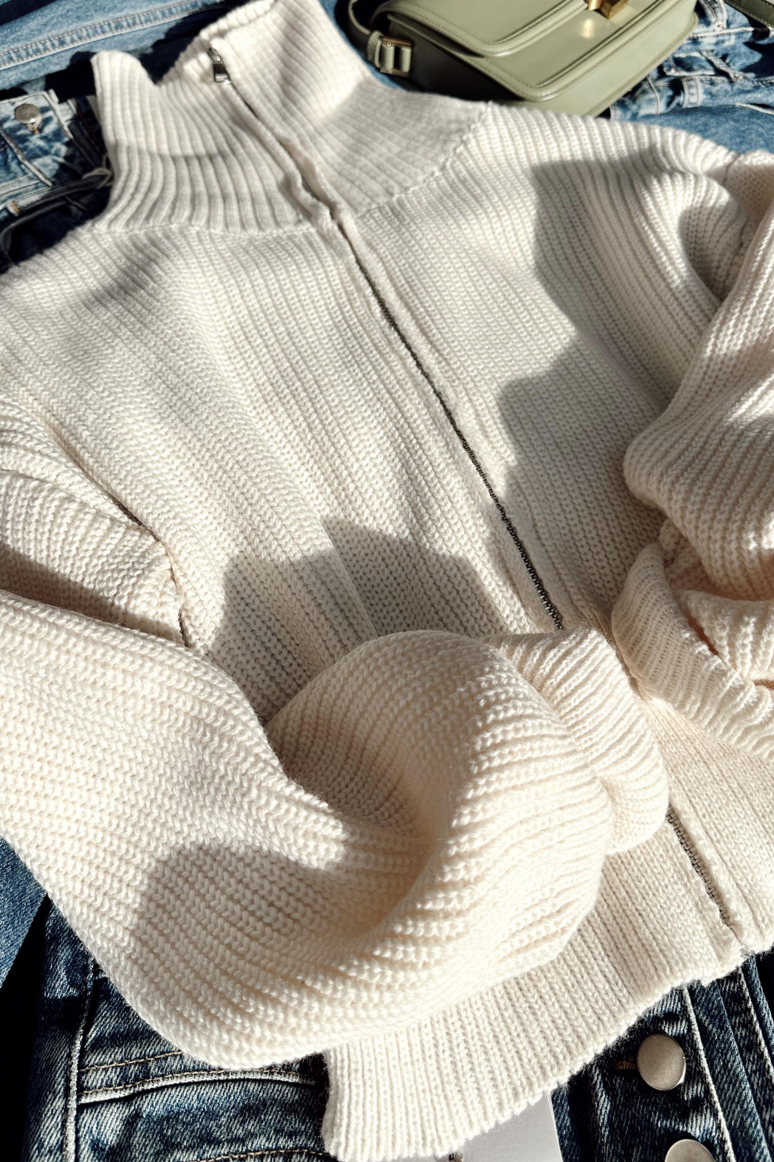 Premium Kalite Selanik Örme Fermuarlı Hırka Ekru