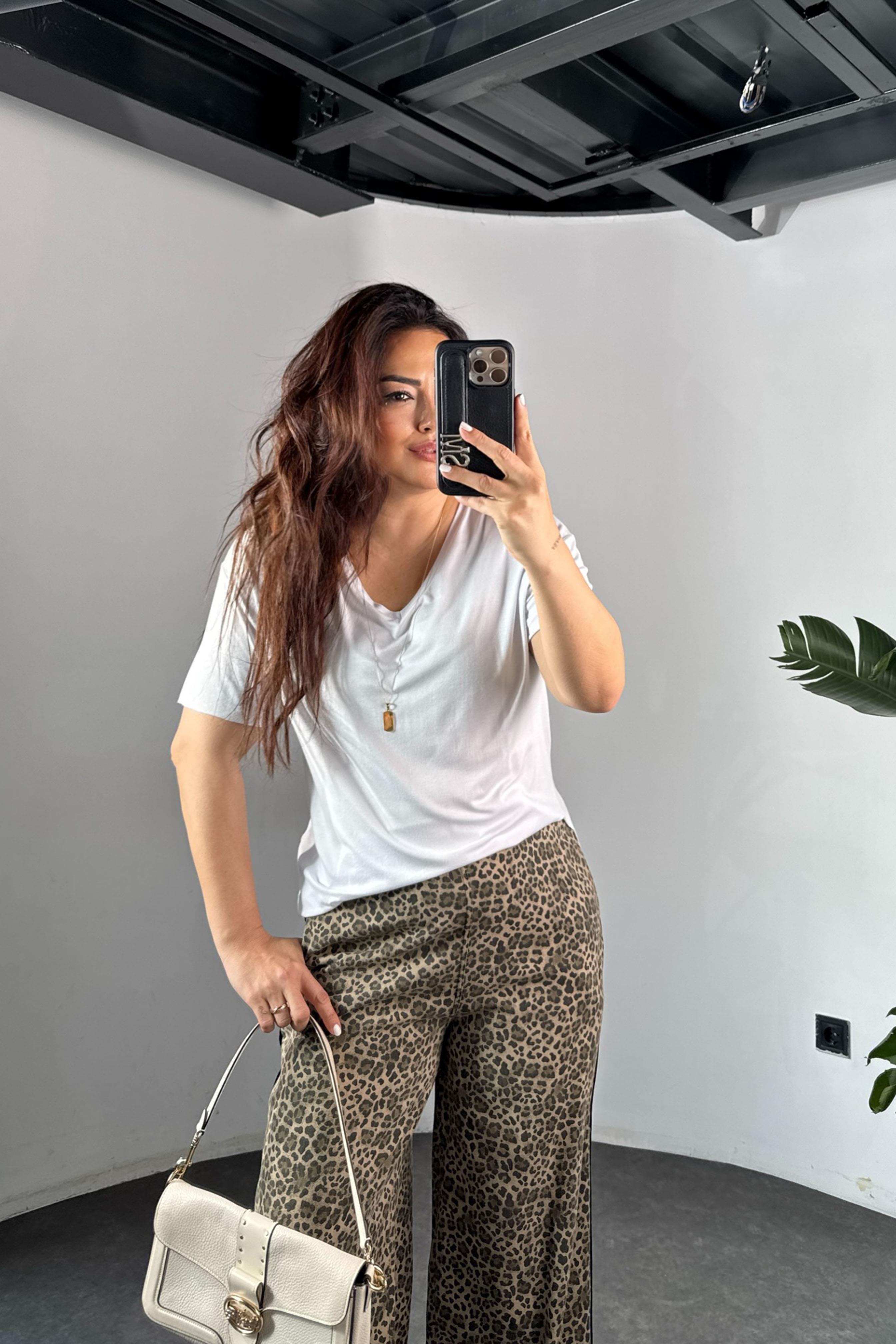 Premium Kalite Şerit Detaylı Leopar Palazzo Pantolon Siyah