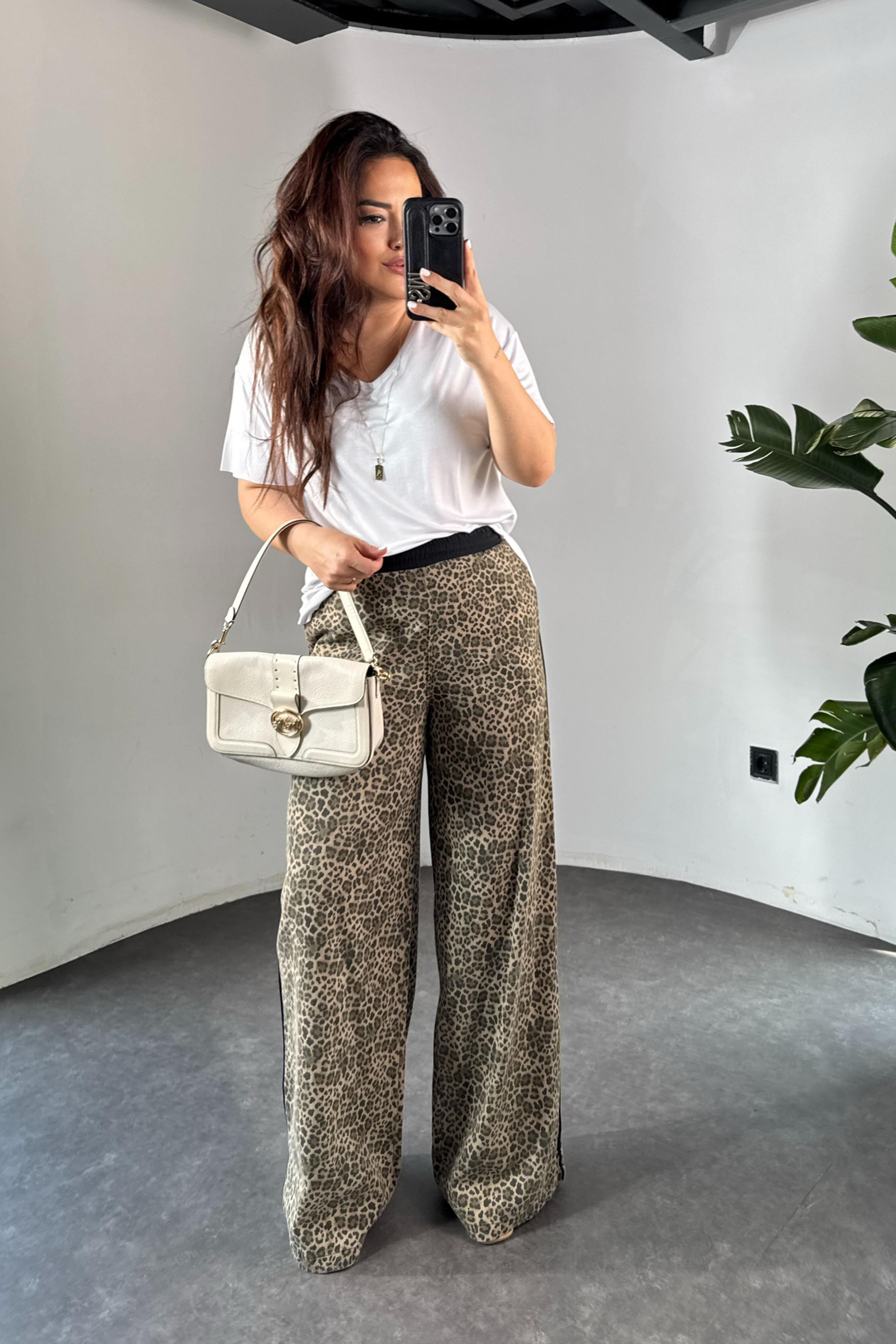 Premium Kalite Şerit Detaylı Leopar Palazzo Pantolon Siyah