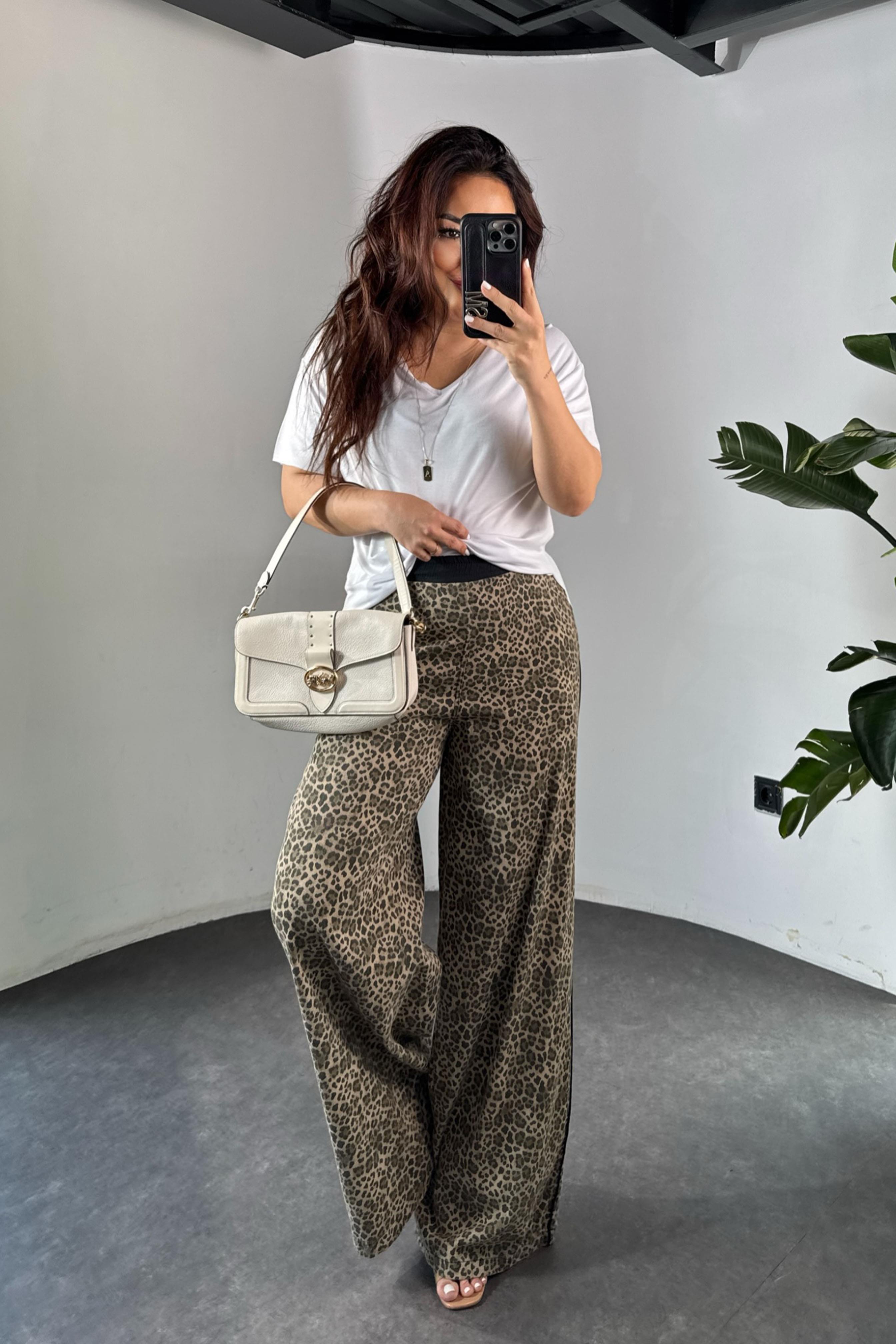 Premium Kalite Şerit Detaylı Leopar Palazzo Pantolon Siyah