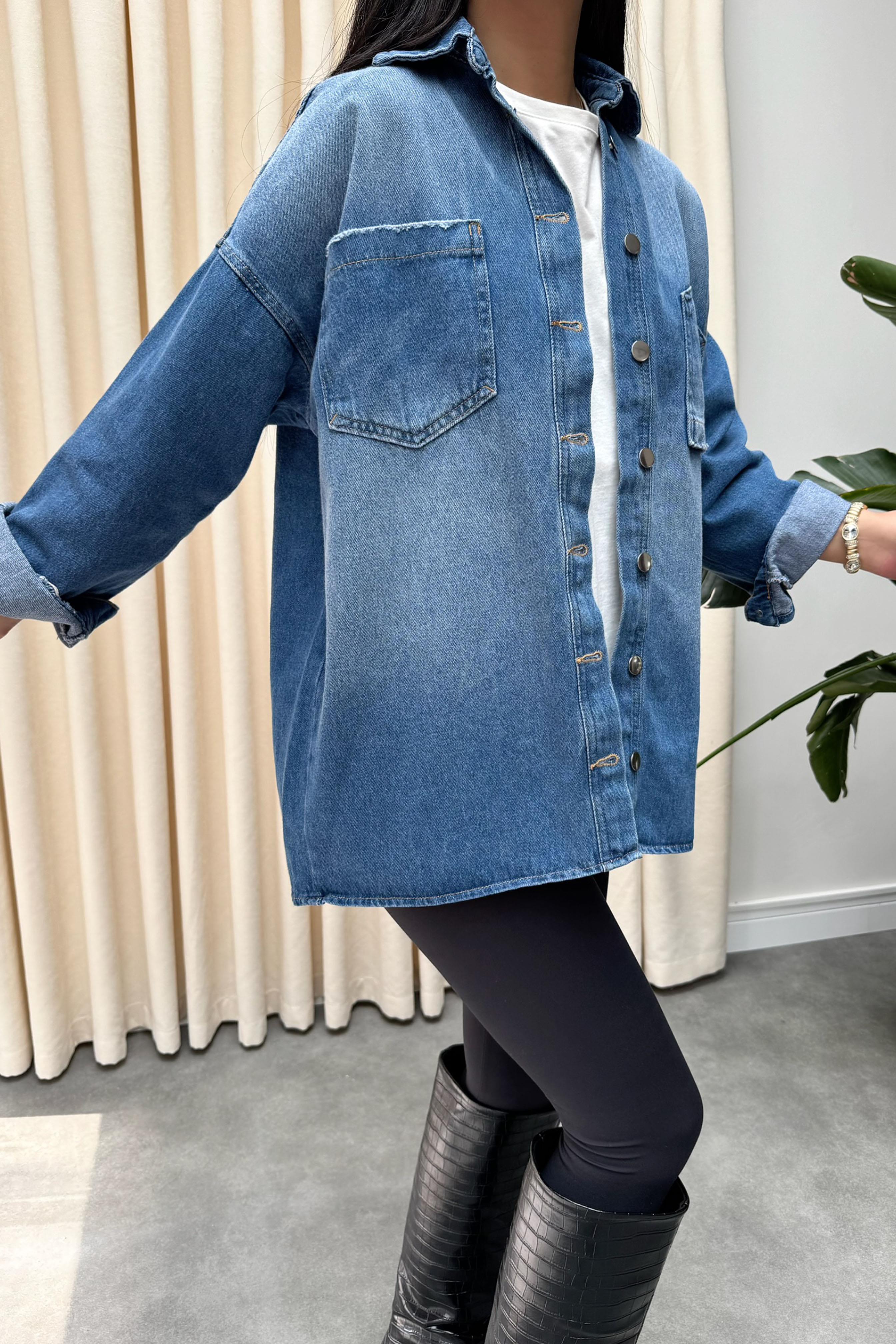 Premium Kalite Ters Cep Tasarım Oversize Denim Gömlek Mavi