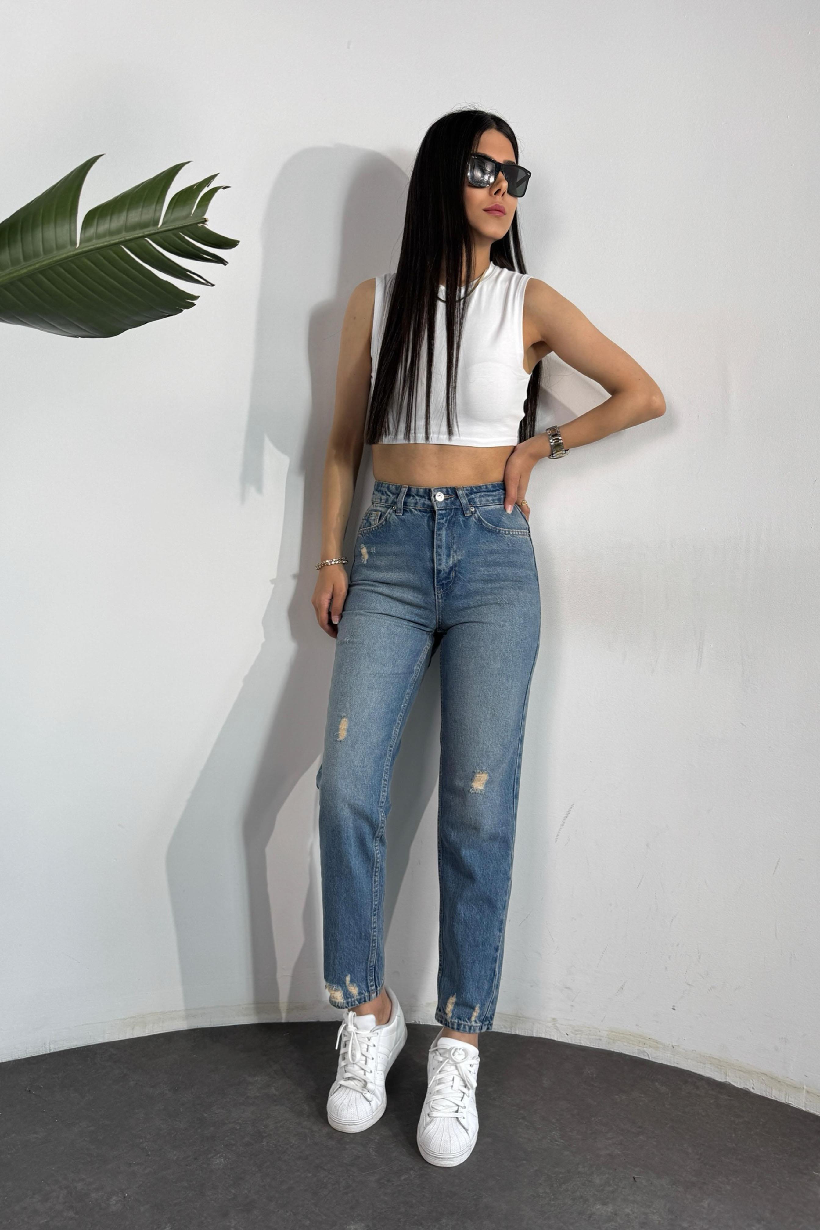 Premium Kalite Yırtık Detaylı Mom Jean Pantolon Koyu Mavi