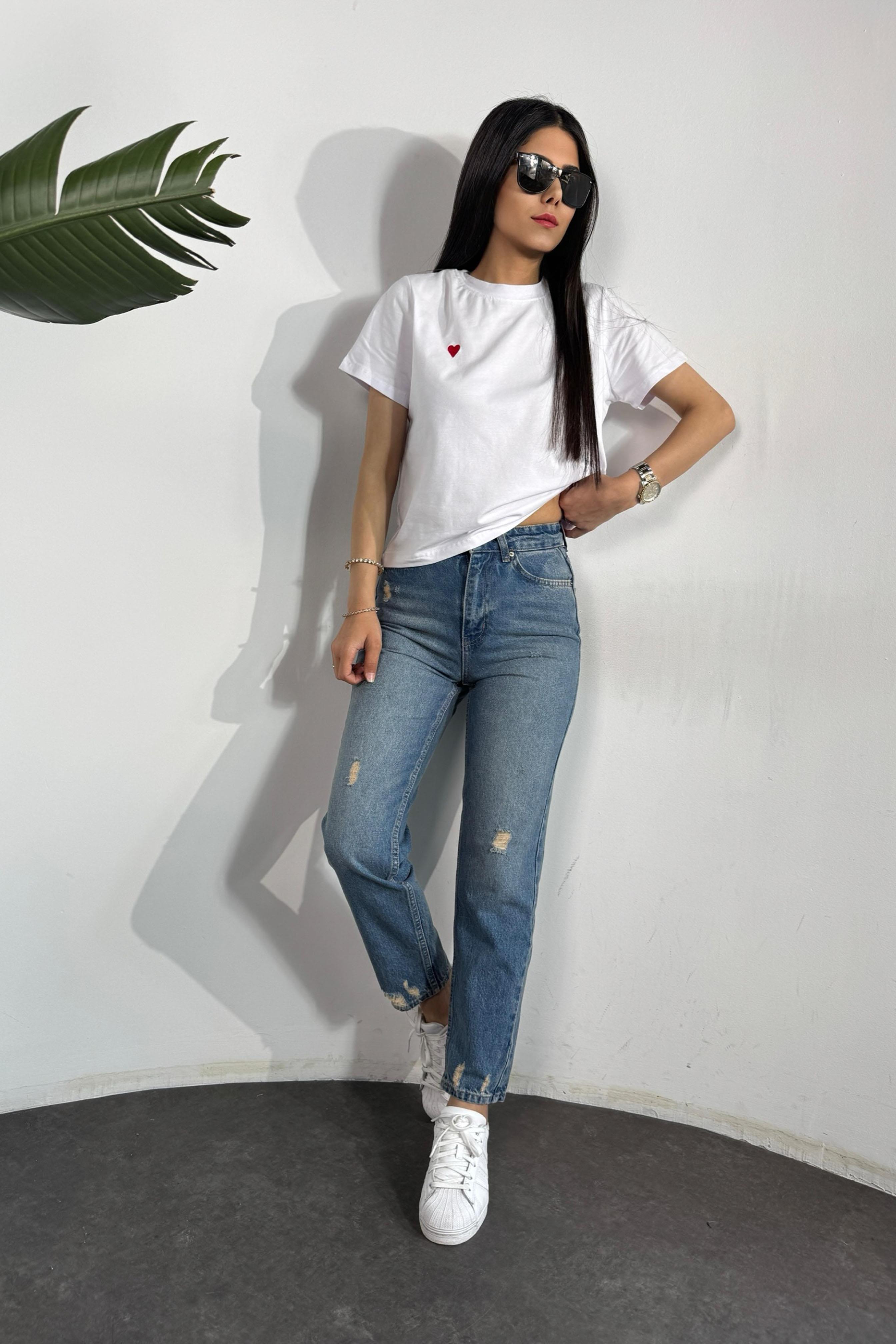 Premium Kalite Yırtık Detaylı Mom Jean Pantolon Koyu Mavi