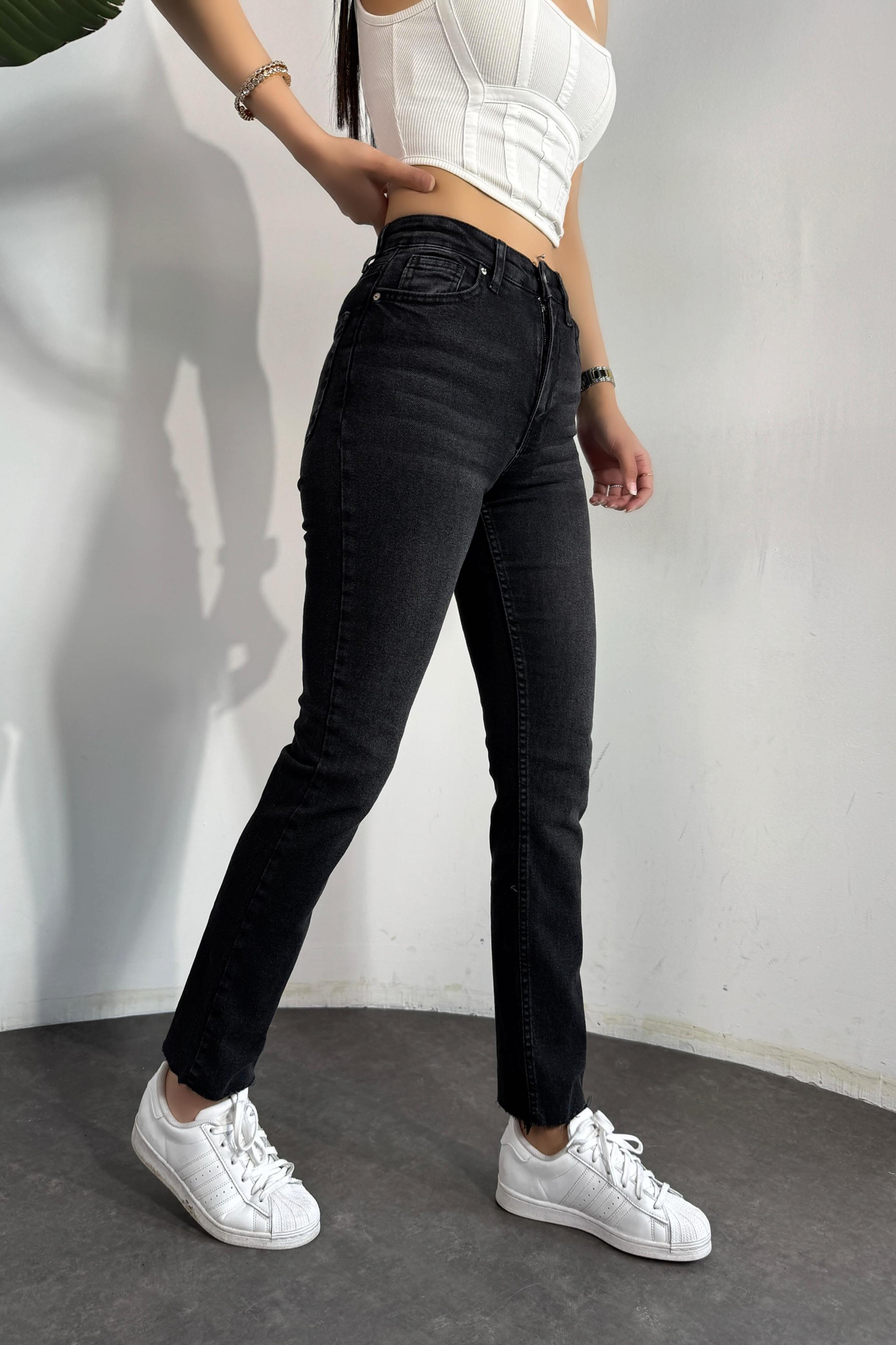 Premium Kalite Yüksek Bel Boyfriend Jean Pantolon Koyu Füme