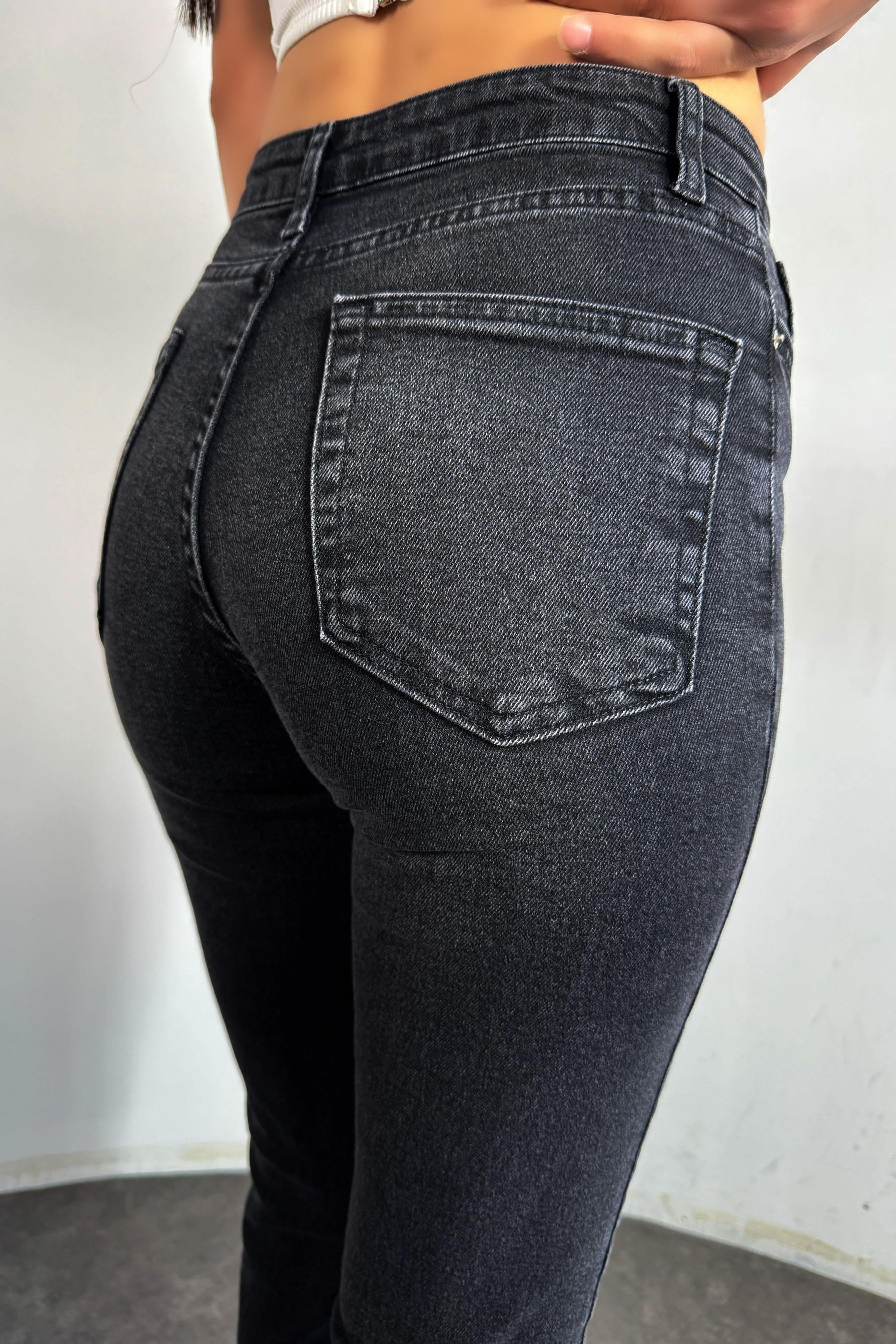 Premium Kalite Yüksek Bel Boyfriend Jean Pantolon Koyu Füme