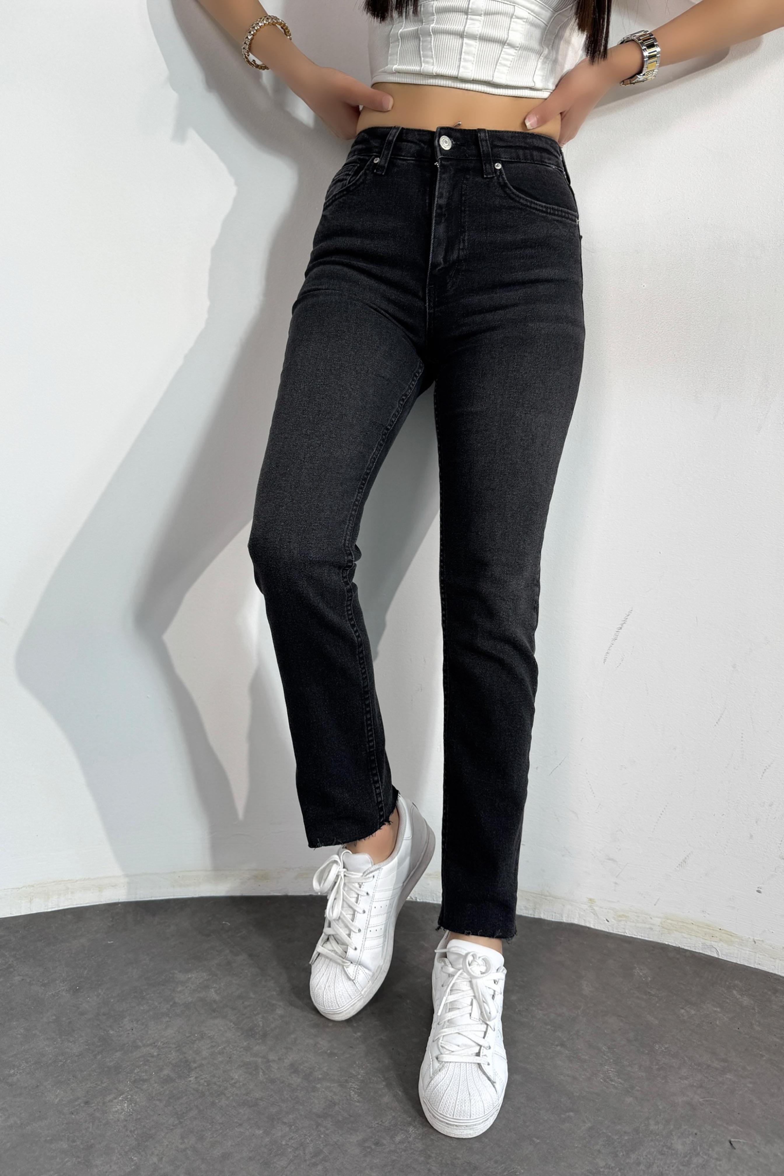 Premium Kalite Yüksek Bel Boyfriend Jean Pantolon Koyu Füme