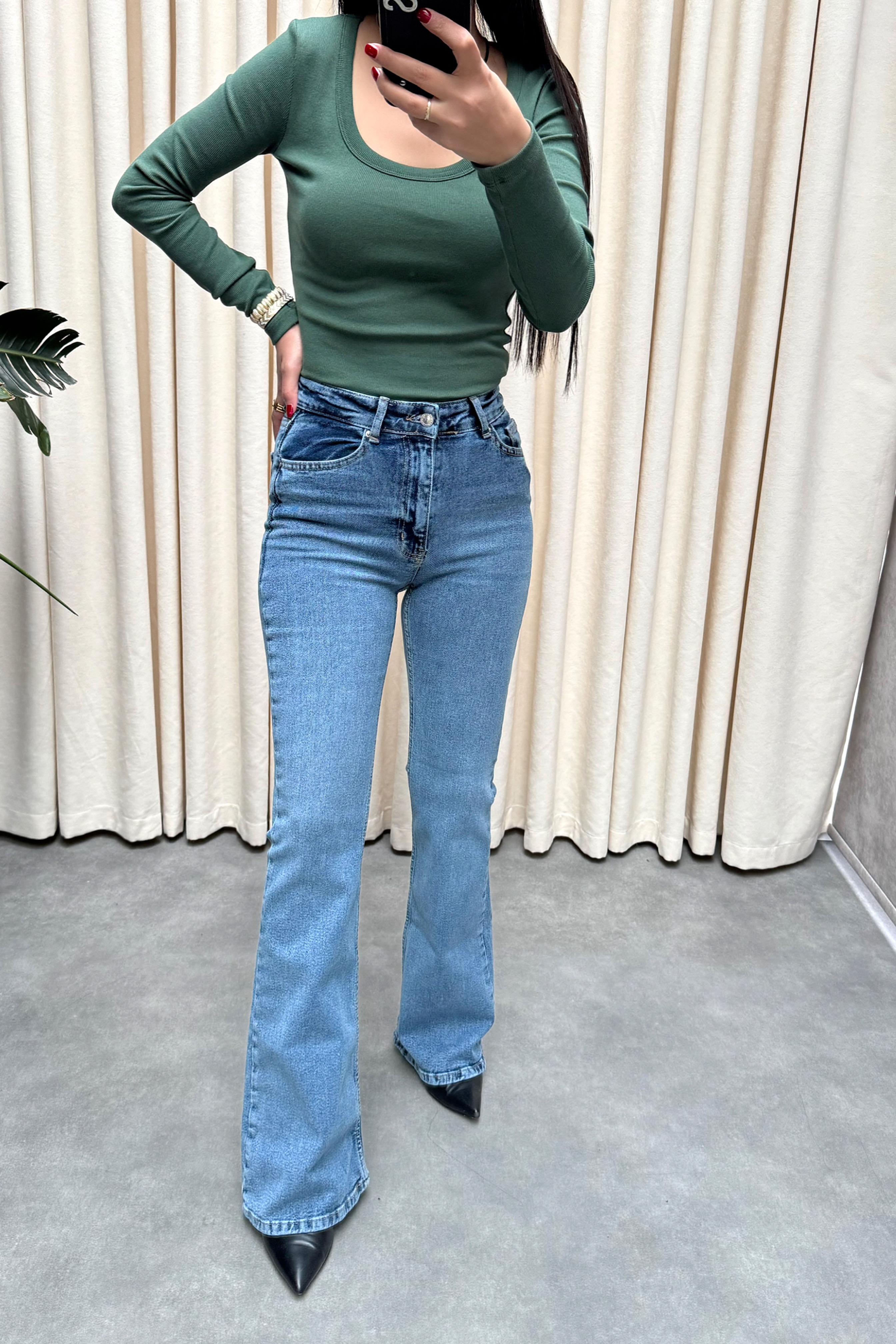 Premium Kalite Yüksek Bel Straight Jean Pantolon Açık Mavi