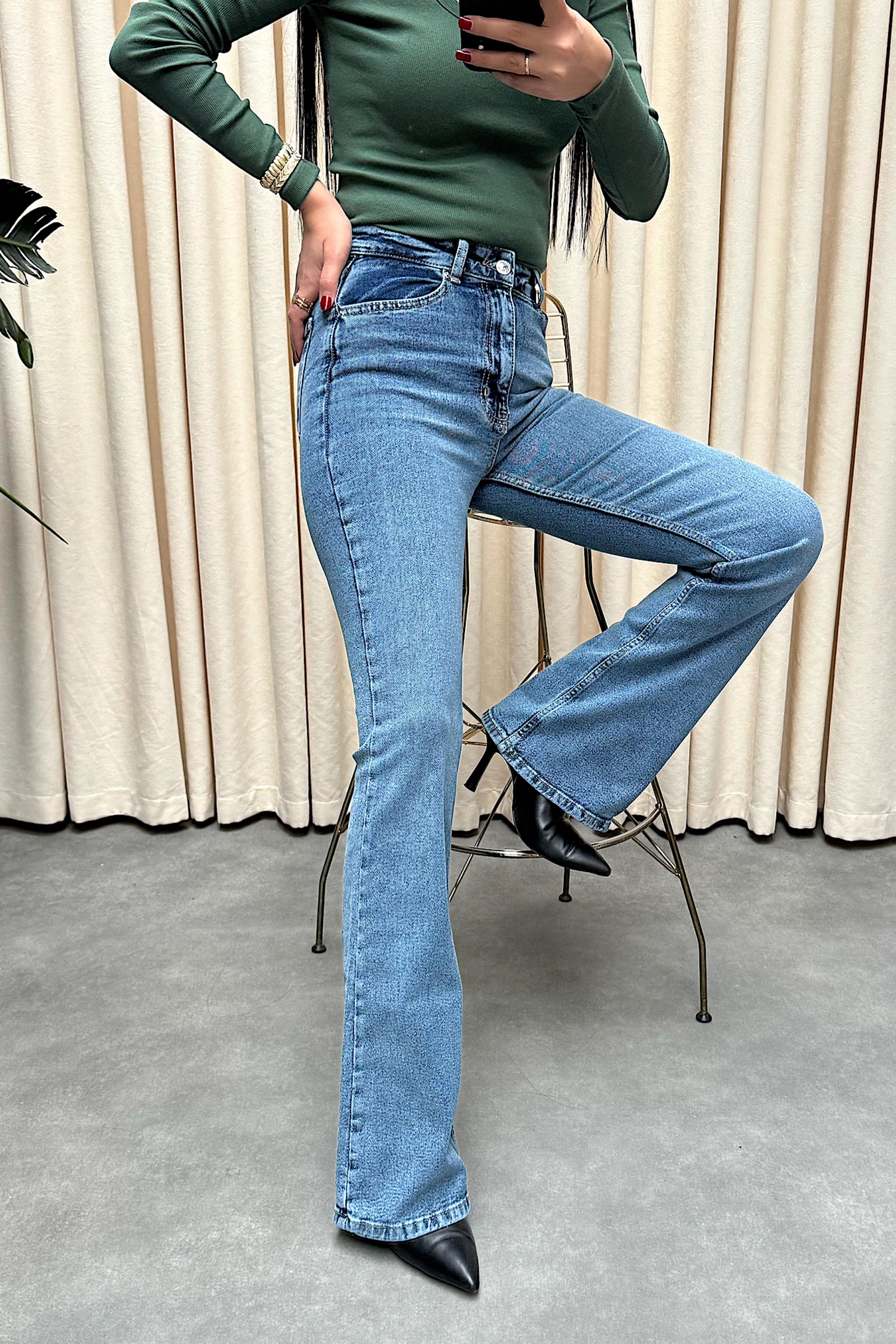 Premium Kalite Yüksek Bel Straight Jean Pantolon Açık Mavi