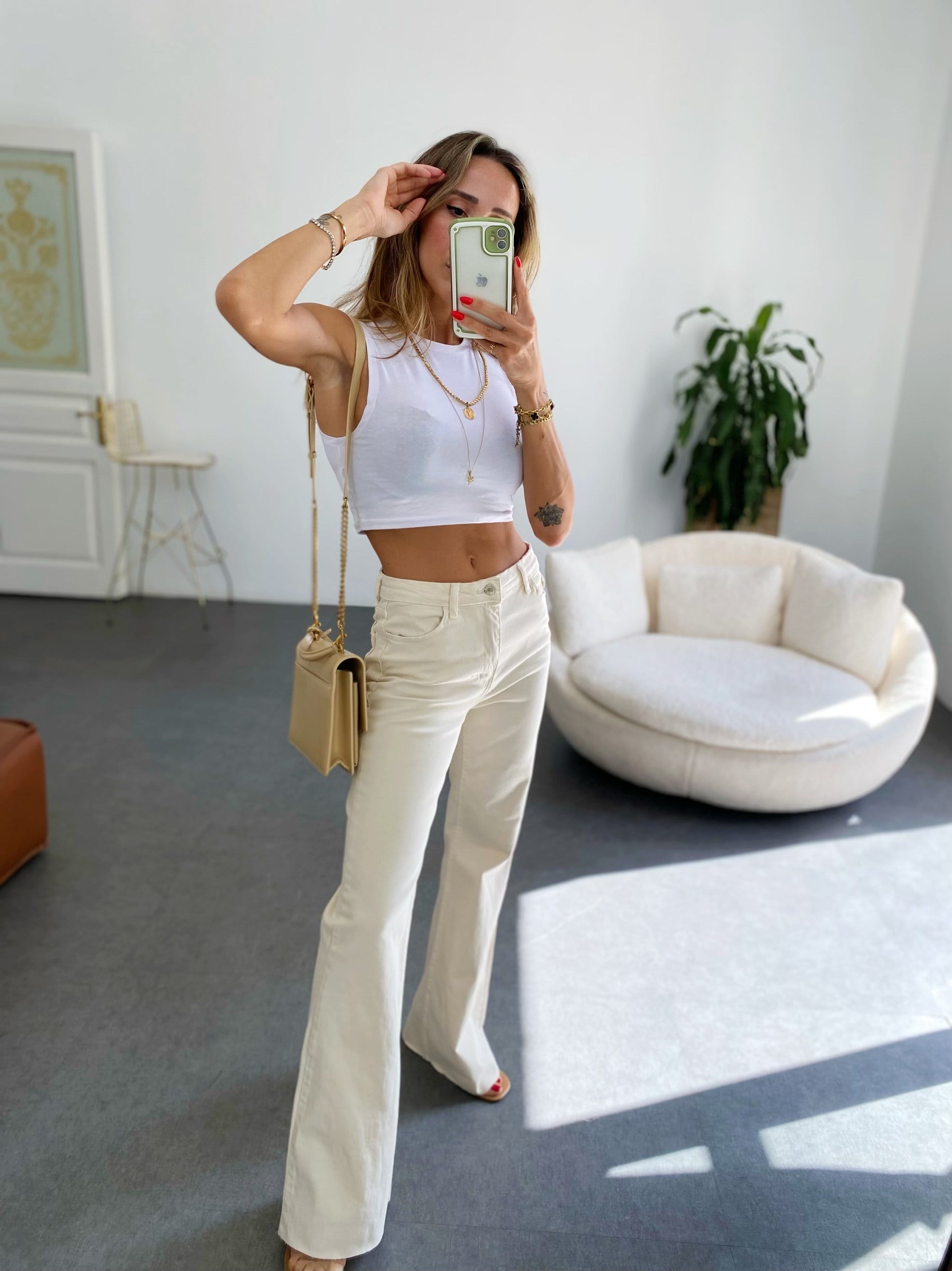 Premium Kalite Yüksek Bel Straight Jean Pantolon Krem