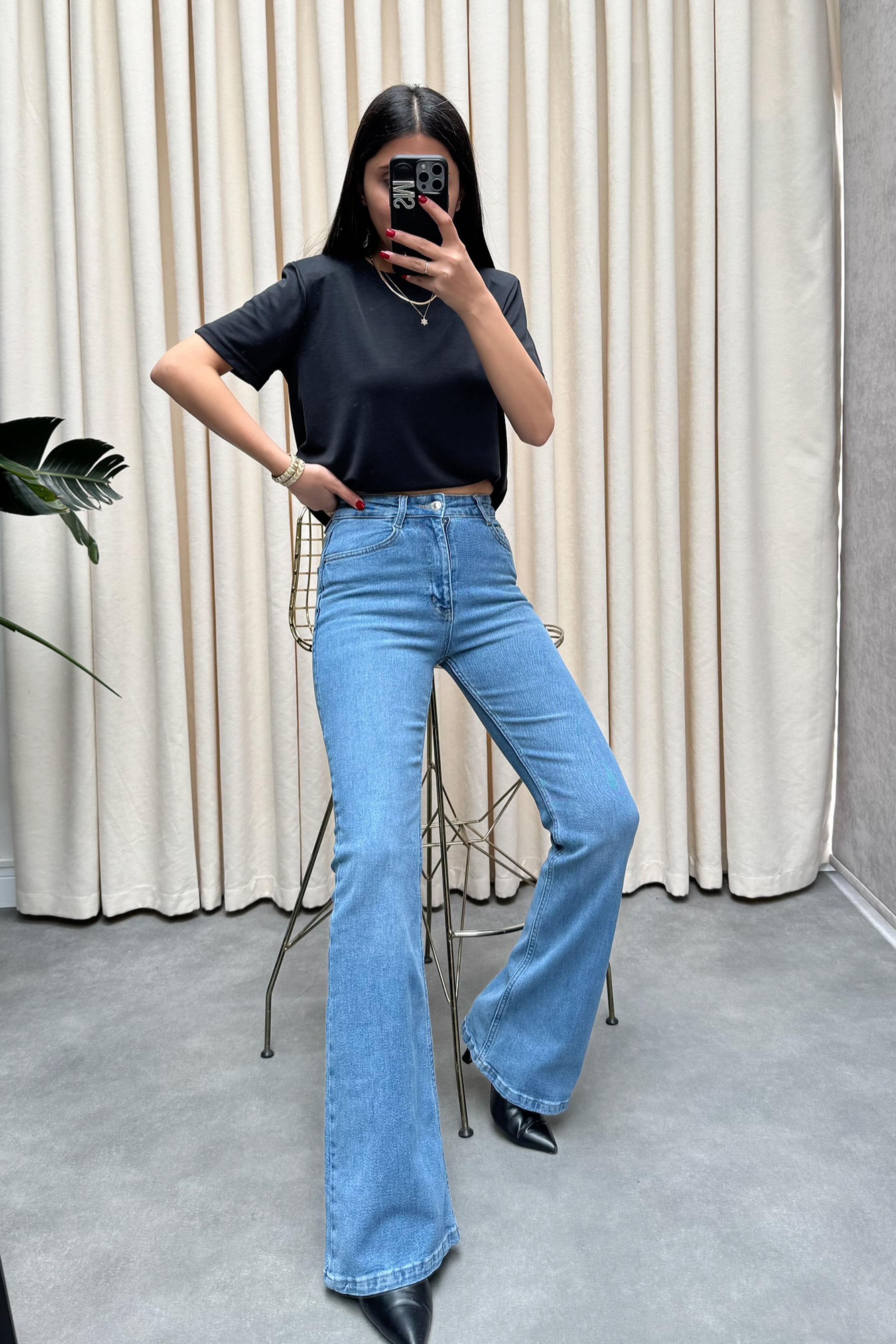 Premium Kalite Yüksek Bel Straight Jean Pantolon Buz Mavisi