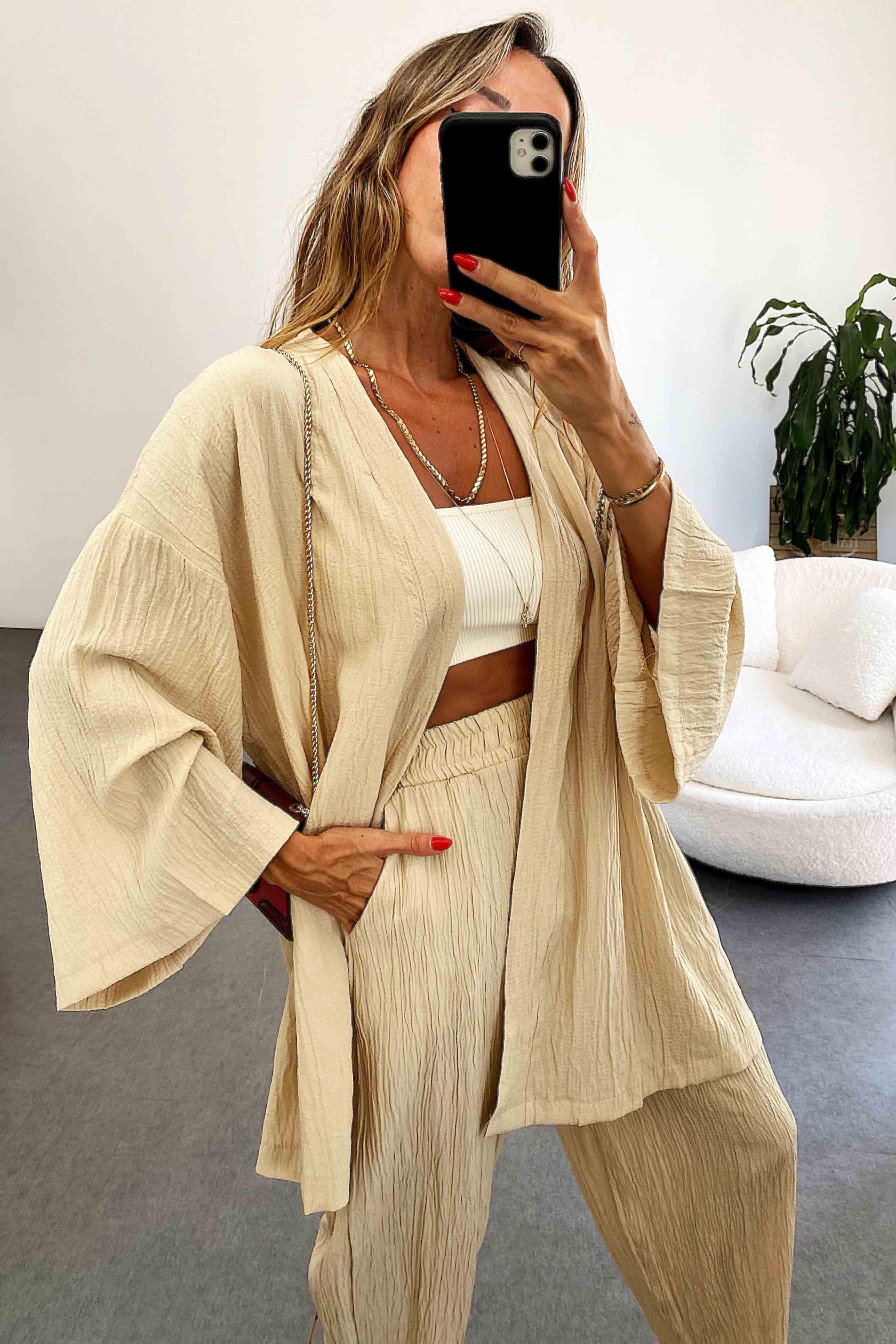 Premium Seri Gofre Kumaş Kimono Takım Taş