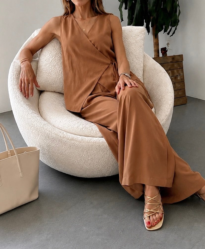 Premium Seri Kruvaze Tiril Crep KumaşTakım  Camel