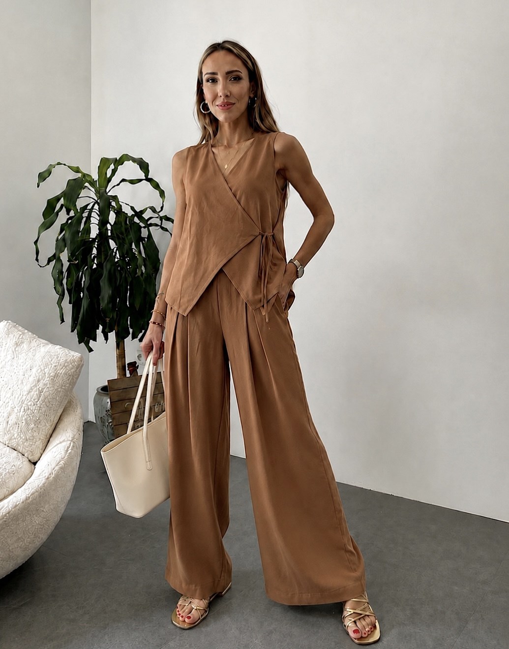 Premium Seri Kruvaze Tiril Crep KumaşTakım  Camel