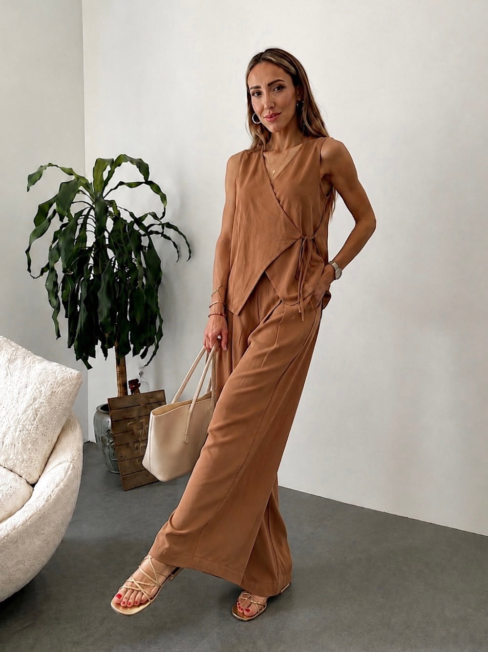 Premium Seri Kruvaze Tiril Crep KumaşTakım  Camel