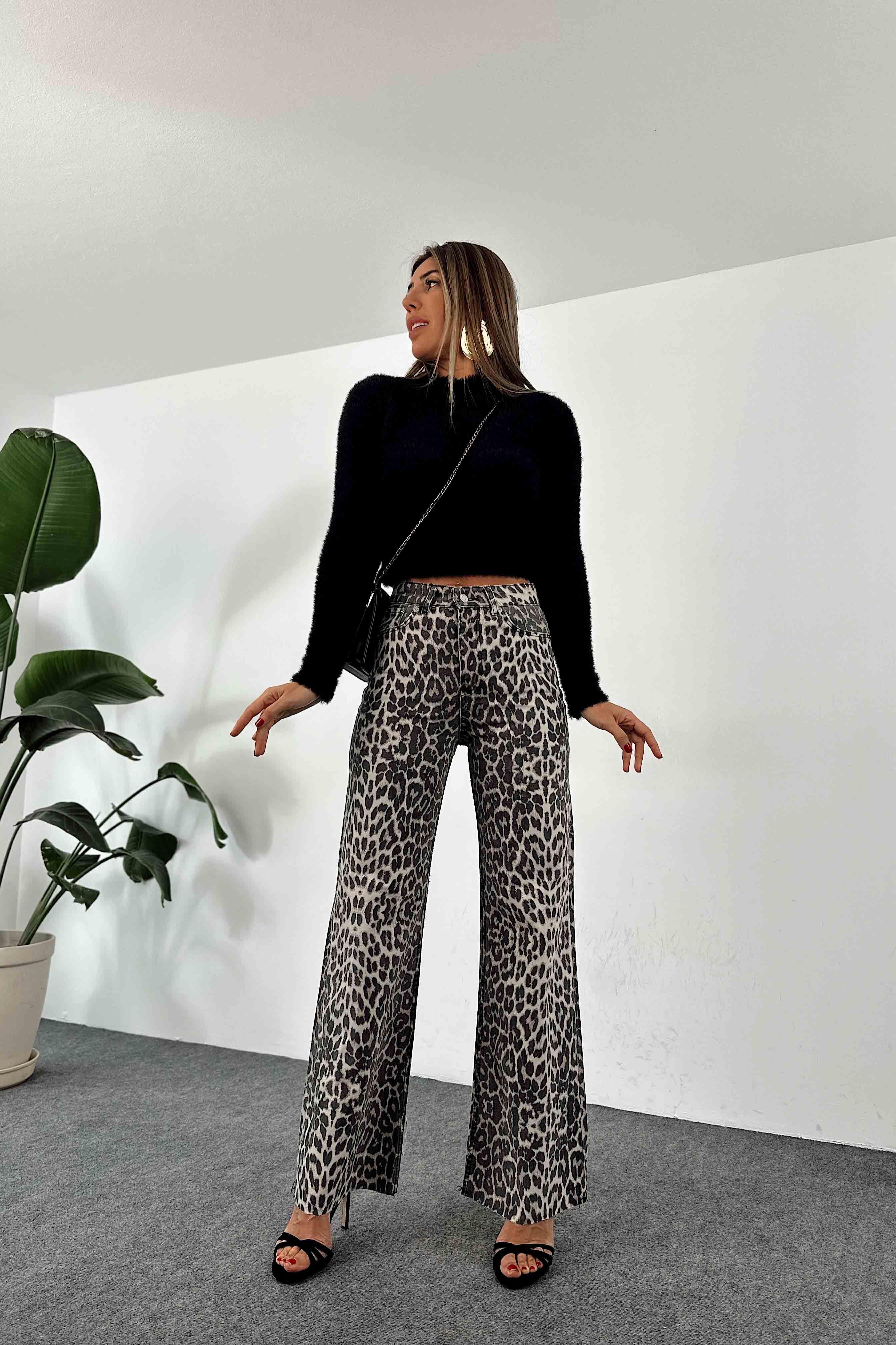 Premium Seri Leopar Desen Straight Jean Pantolon Siyah