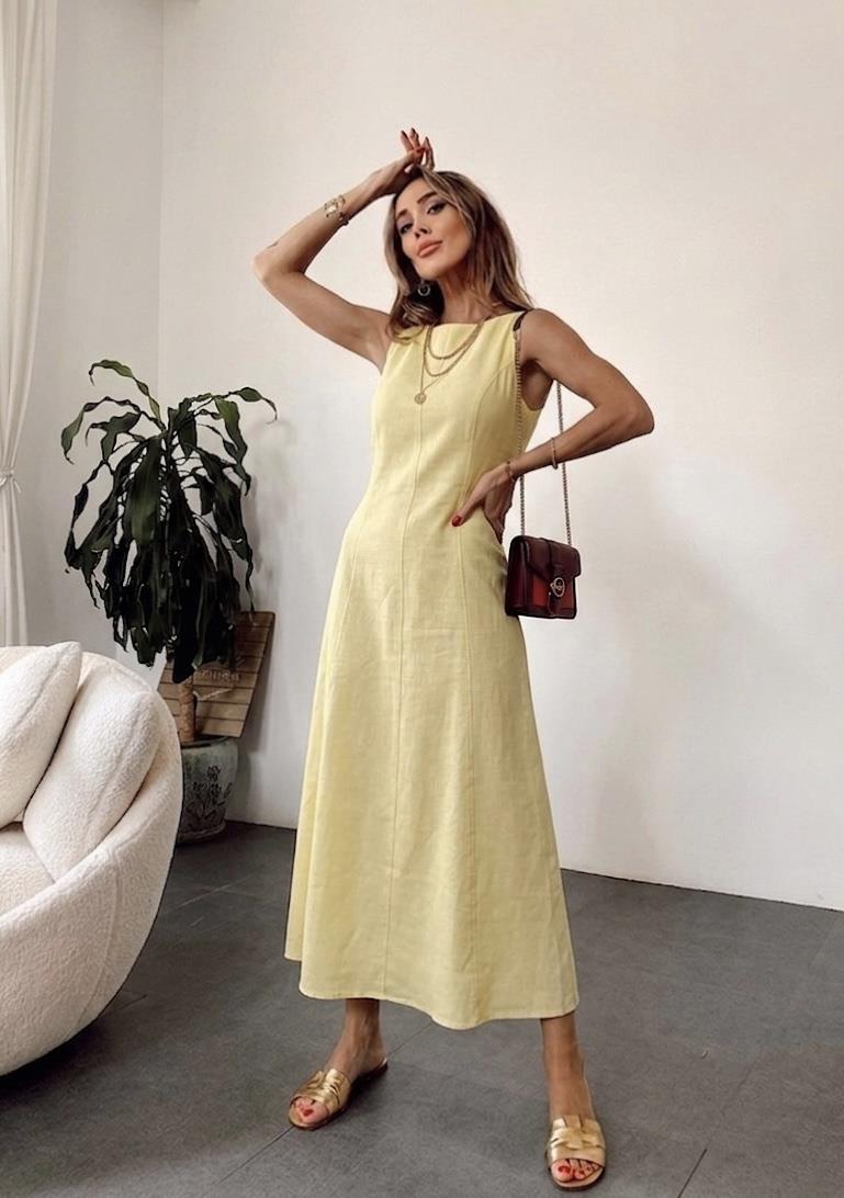 Premium Seri Maxi Keten Elbise Sarı