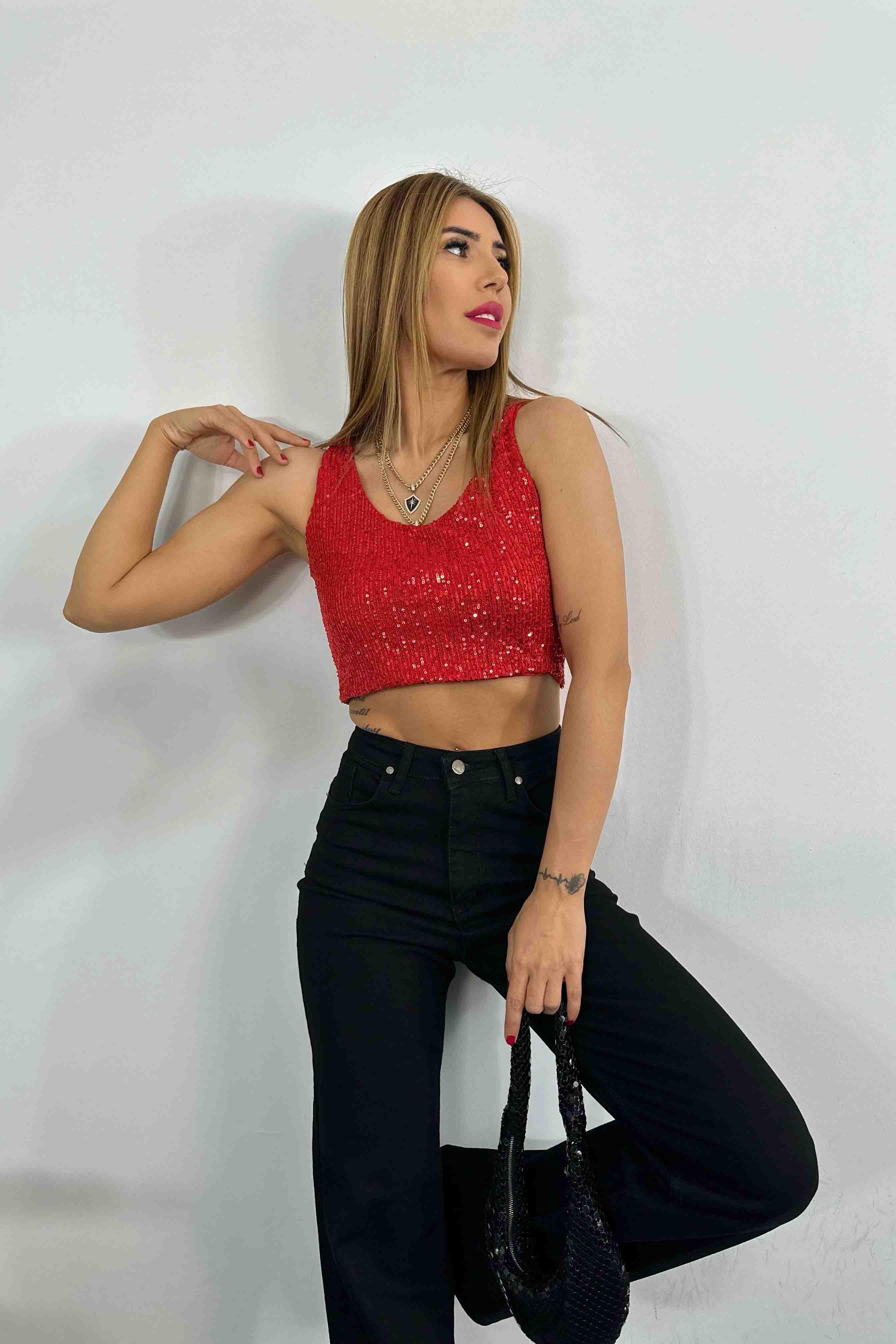 Pul Payetli Tasarım Astarlı Crop Büstiyer Kırmızı