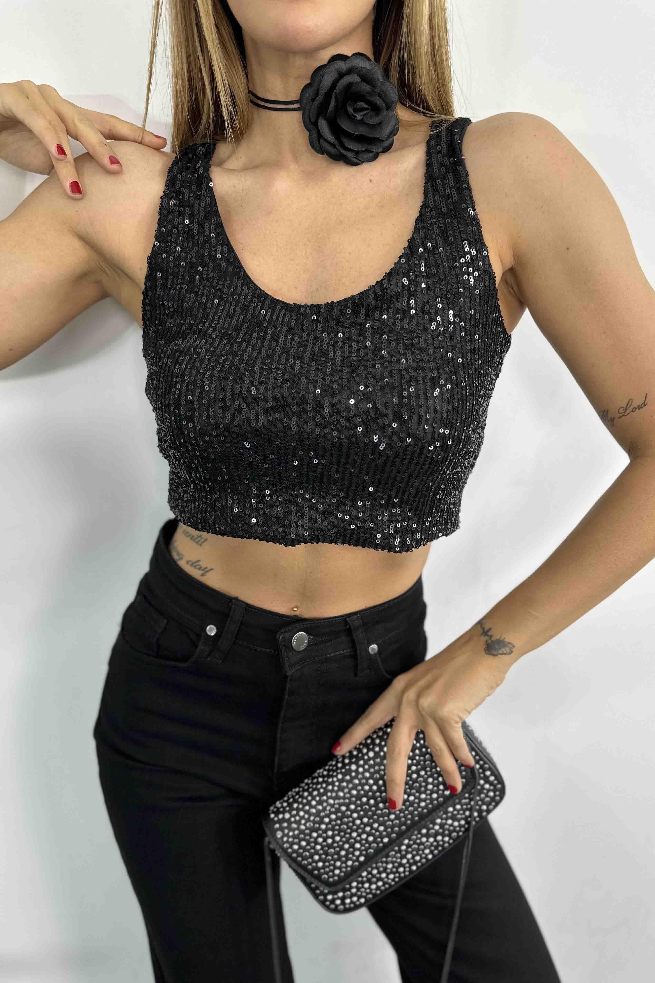 Pul Payetli Tasarım Astarlı Crop Büstiyer Siyah