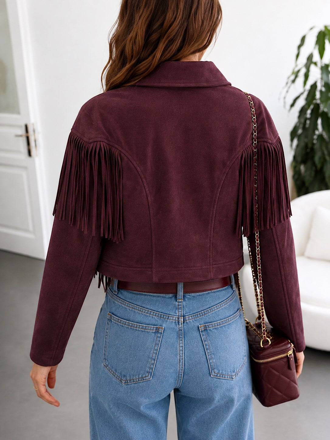 Püskül Detaylı Süet Ceket Bordo