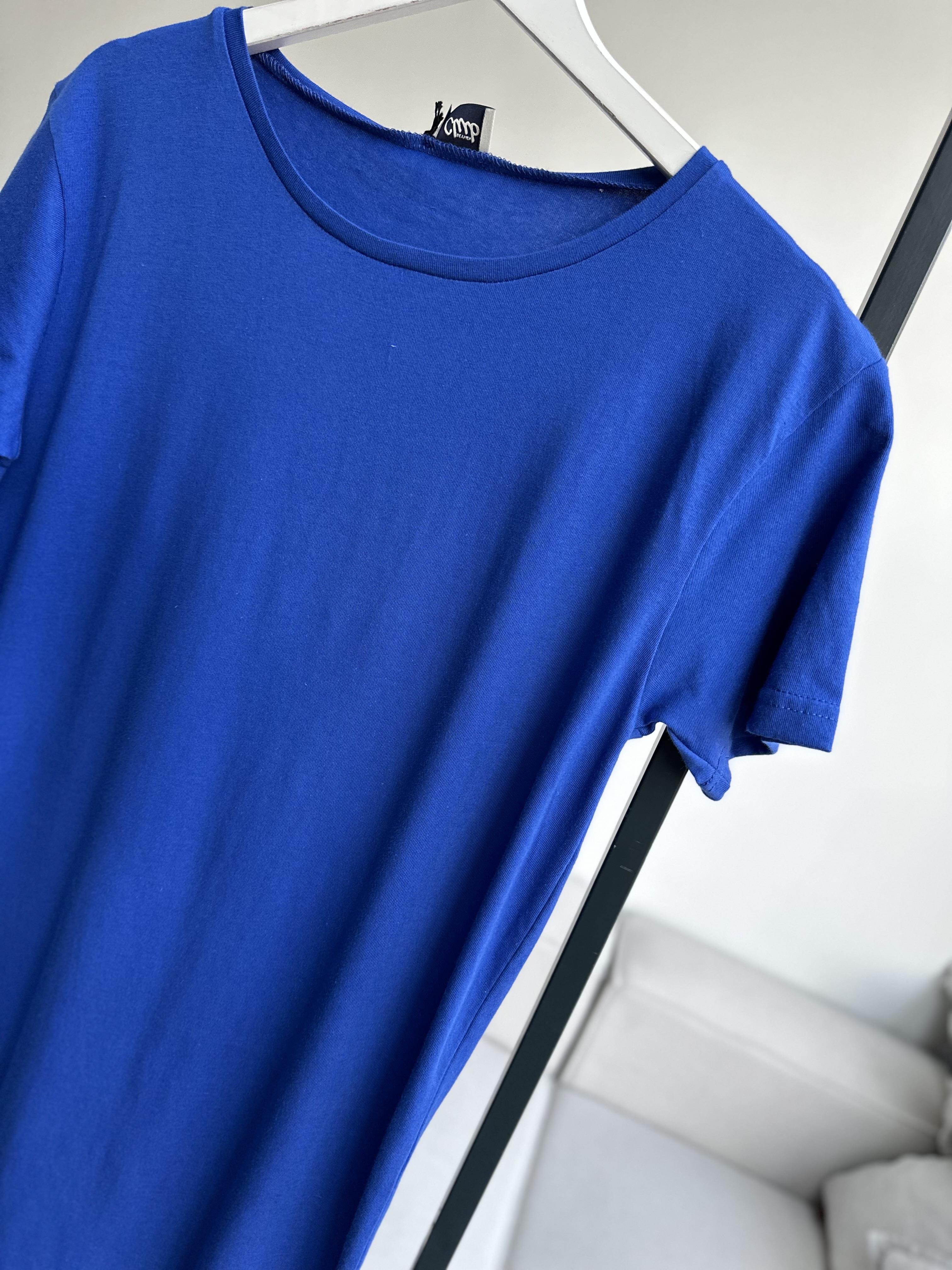 Saks Mavi Çift Yırtmaçlı Pamuk Penye Elbise