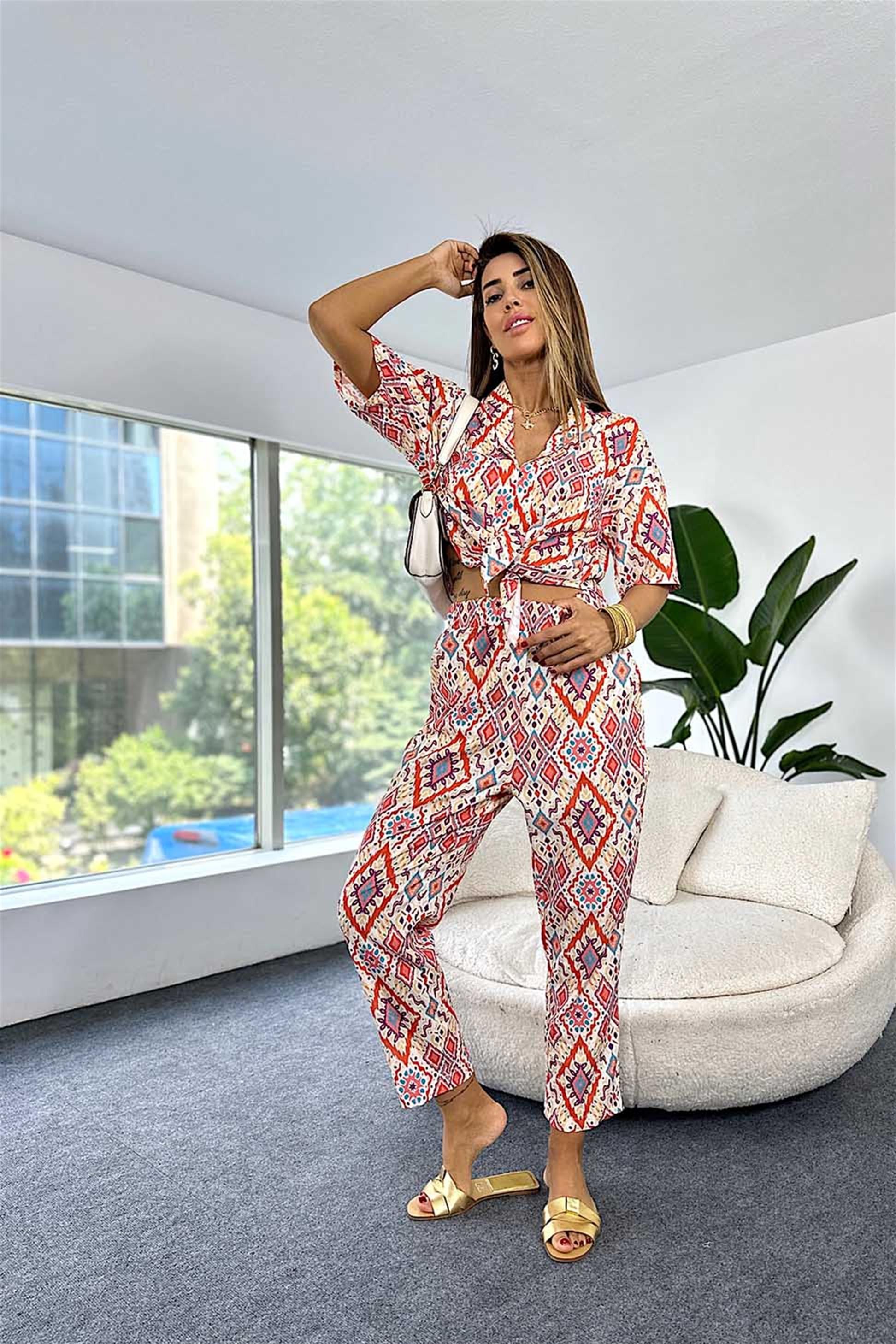 Şal Yaka Beli Bağlamalı Renkli Kimono Takım Turuncu